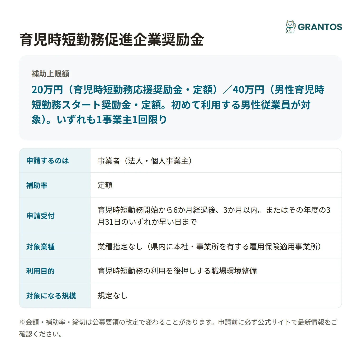 育児時短勤務促進企業奨励金の対象・金額・締切の概要