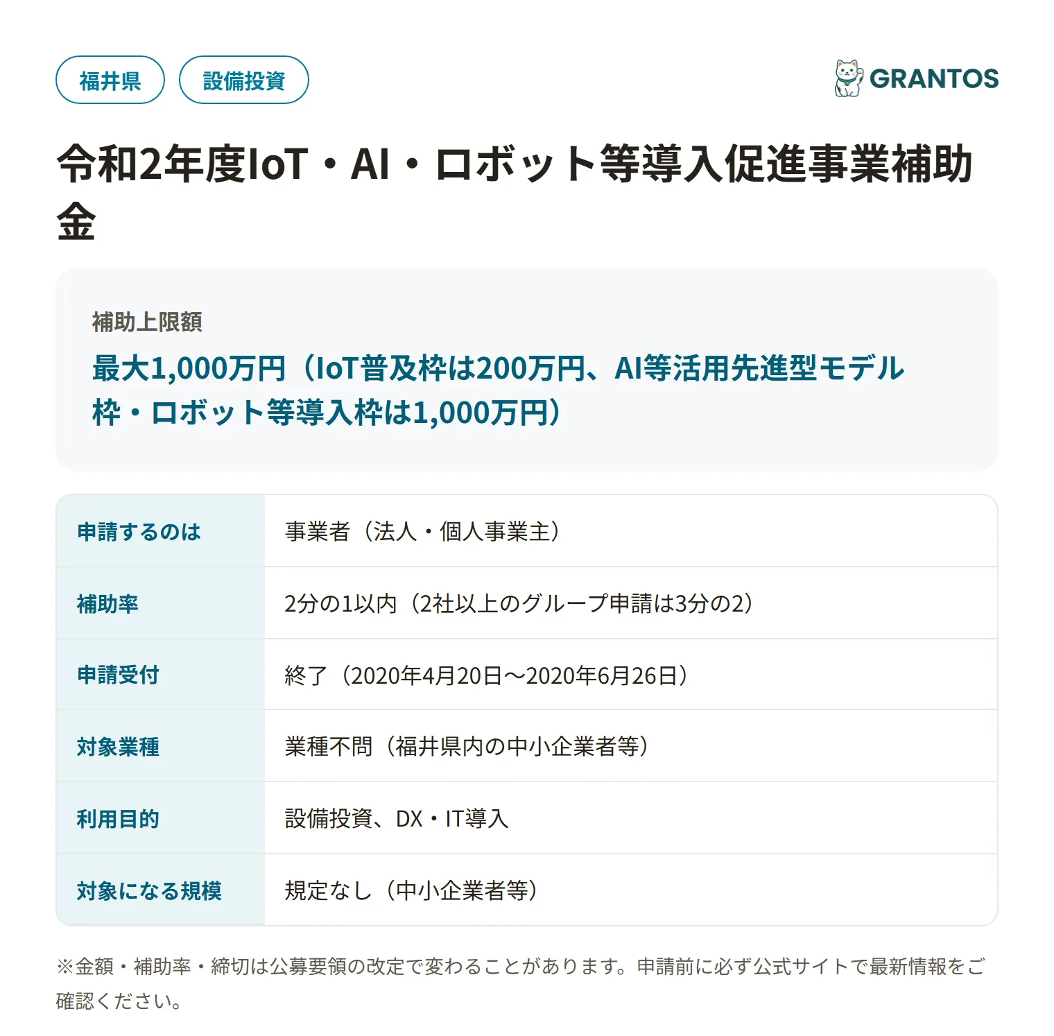 IoT・AI・ロボット等導入促進補助金（令和2年度）の対象・金額・締切の概要