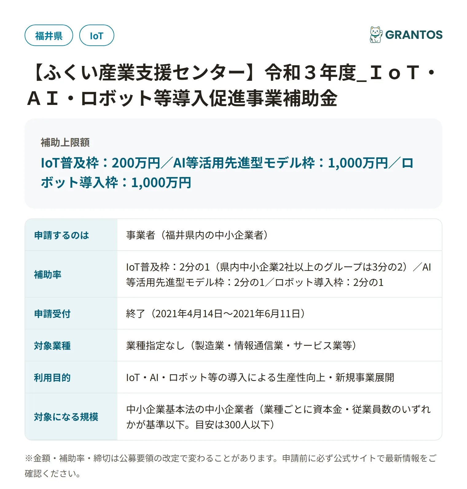 IoT・AI・ロボット等導入促進補助金(R3)の対象・金額・締切の概要