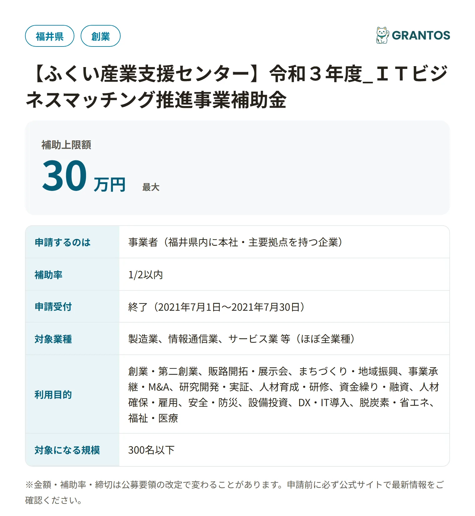 ITビジネスマッチング推進事業補助金（福井県・令和3年度）の対象・金額・締切の概要