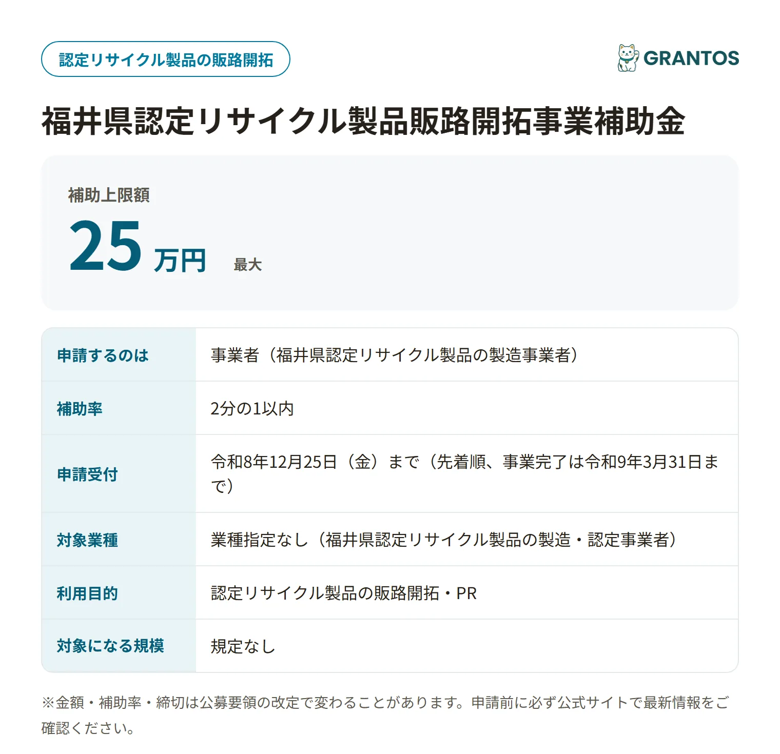 福井県認定リサイクル製品販路開拓事業補助金の対象・金額・締切の概要