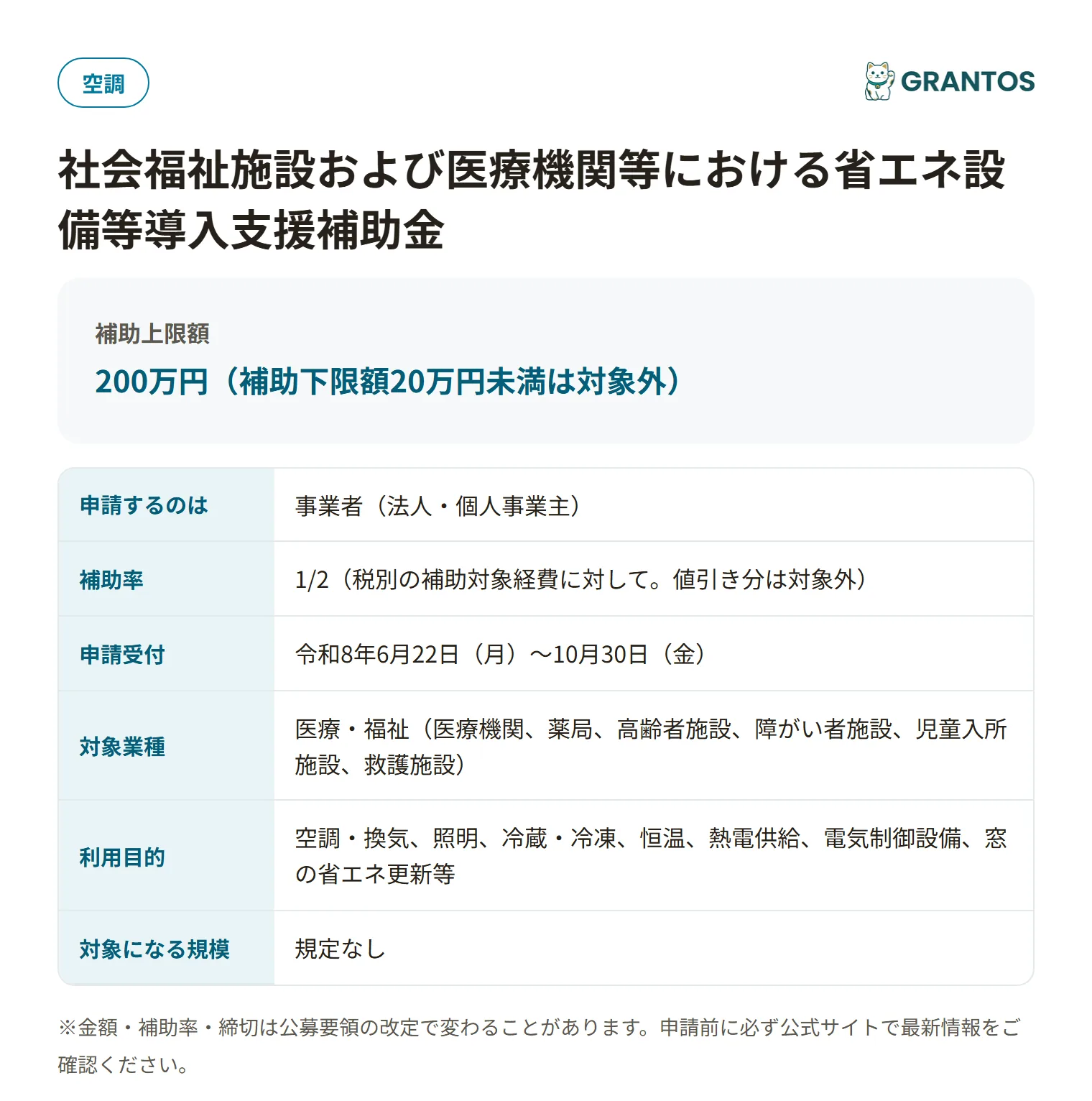 社会福祉施設および医療機関等における省エネ設備等導入支援補助金の対象・金額・締切の概要