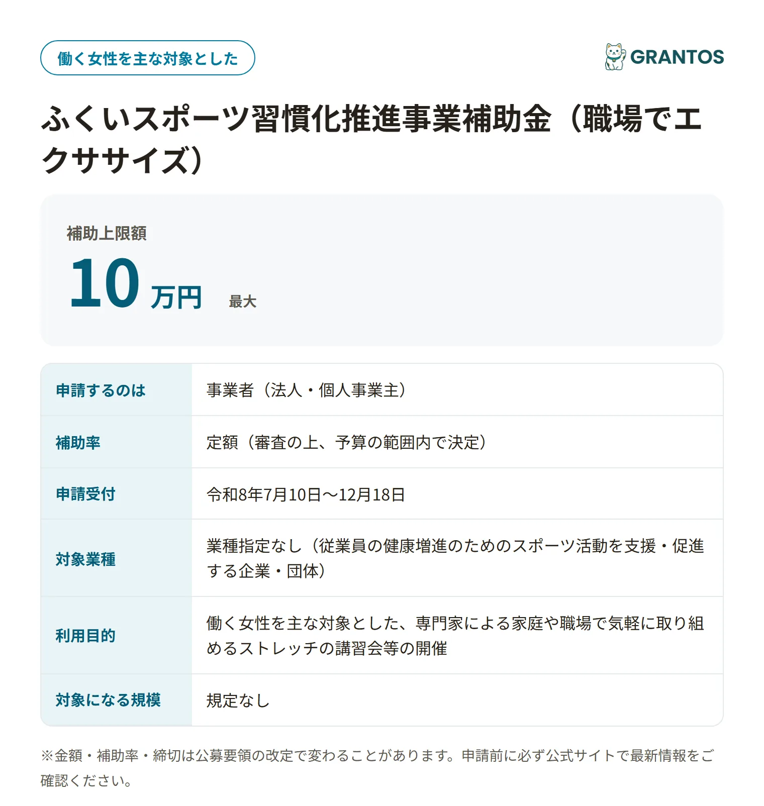 ふくいスポーツ習慣化推進事業補助金（職場でエクササイズ）の対象・金額・締切の概要