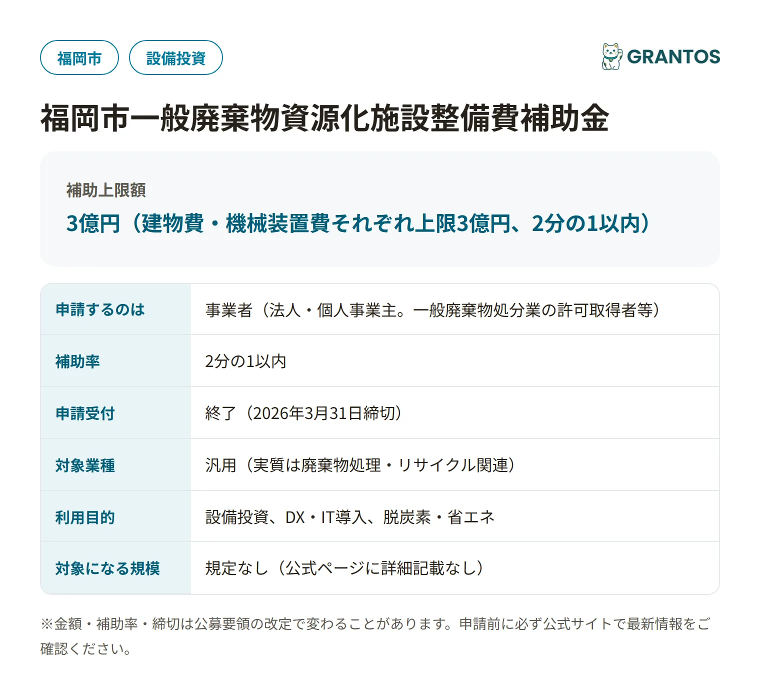 福岡市一般廃棄物資源化施設整備費補助金の対象・金額・締切の概要