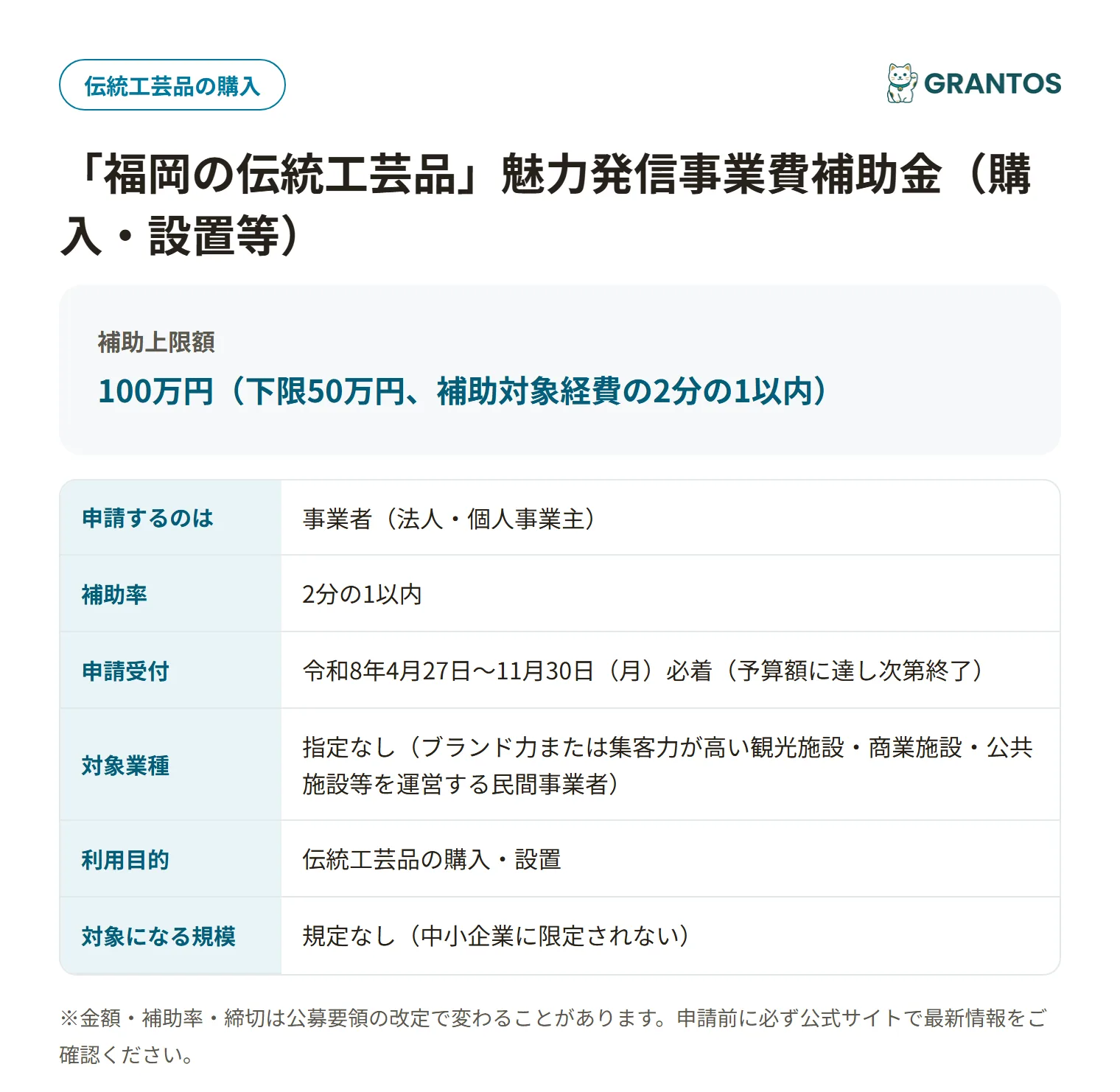 「福岡の伝統工芸品」魅力発信事業費補助金（購入・設置等）の対象・金額・締切の概要