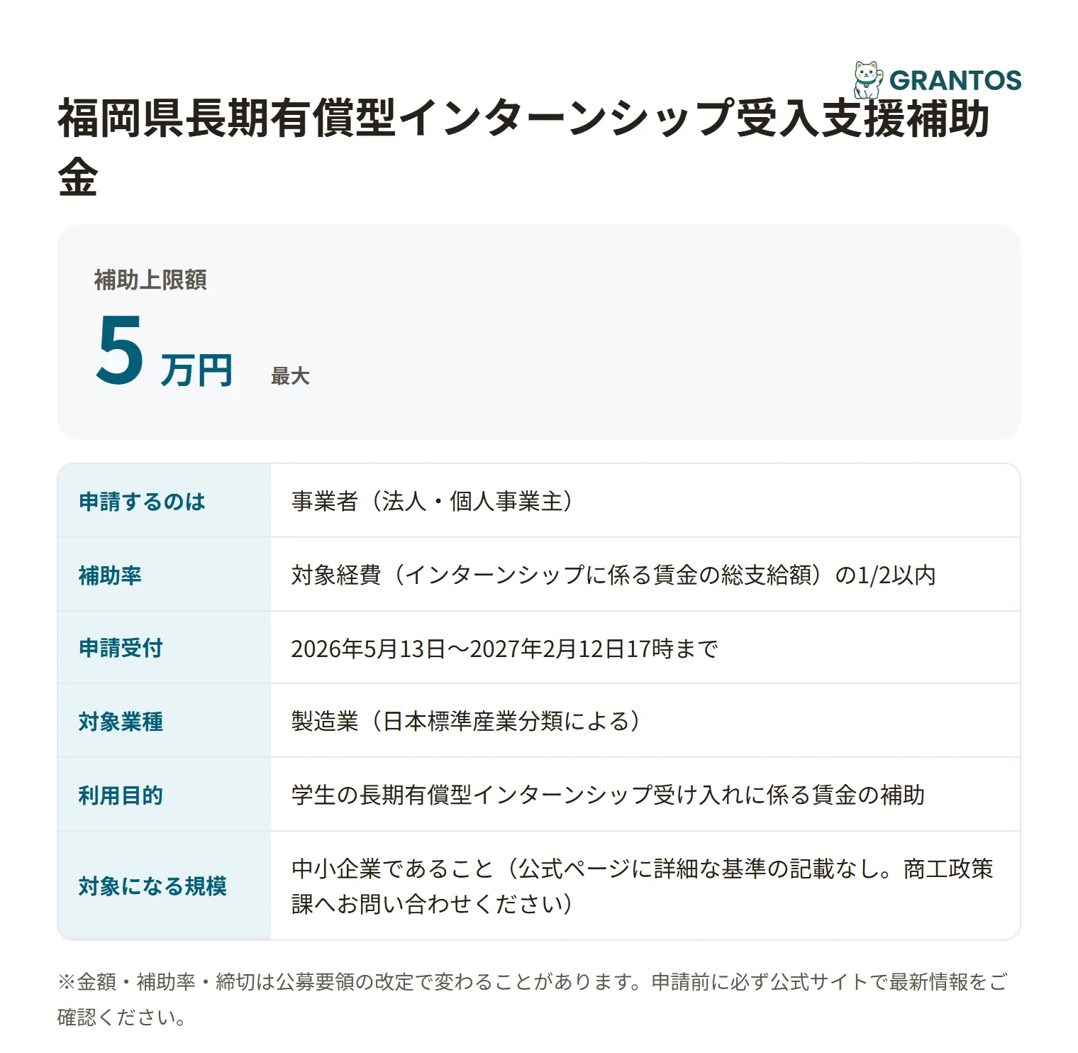 福岡県長期有償型インターンシップ受入支援補助金の対象・金額・締切の概要