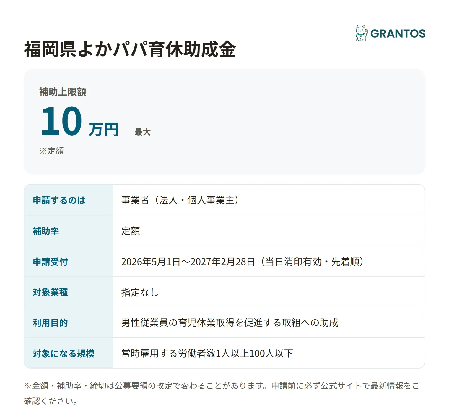 福岡県よかパパ育休助成金の対象・金額・締切の概要