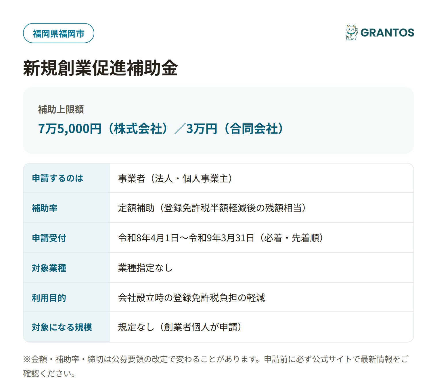福岡市新規創業促進補助金の対象・金額・締切の概要