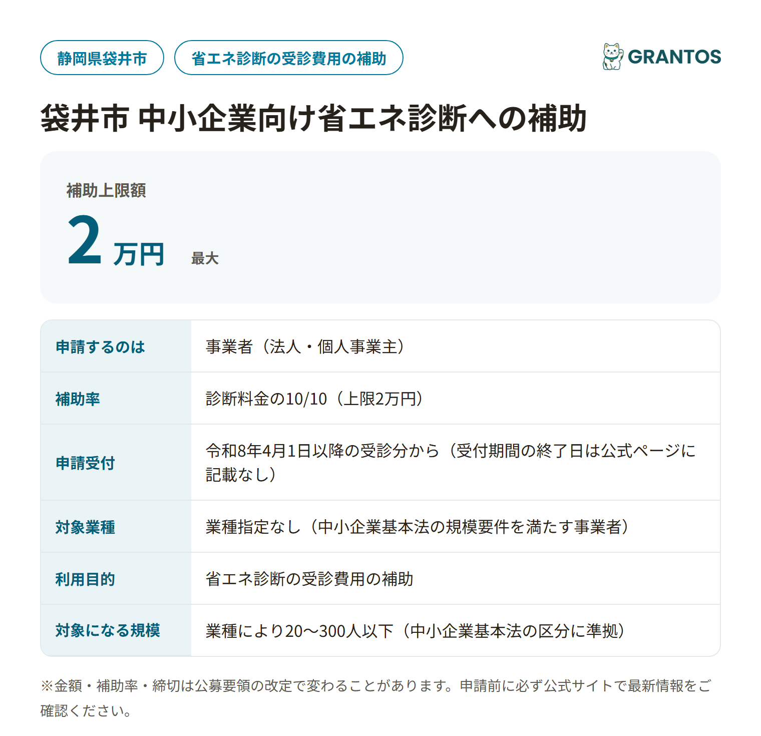 袋井市 中小企業向け省エネ診断への補助の対象・金額・締切の概要