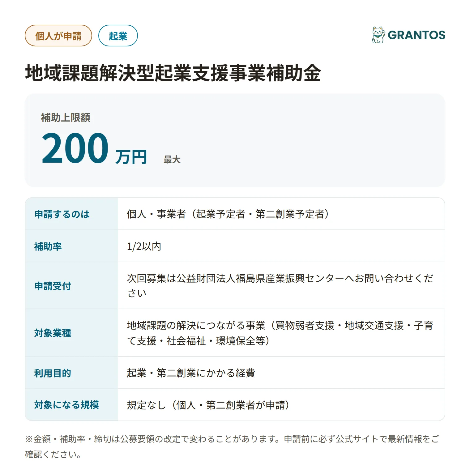 地域課題解決型起業支援補助金の対象・金額・締切の概要