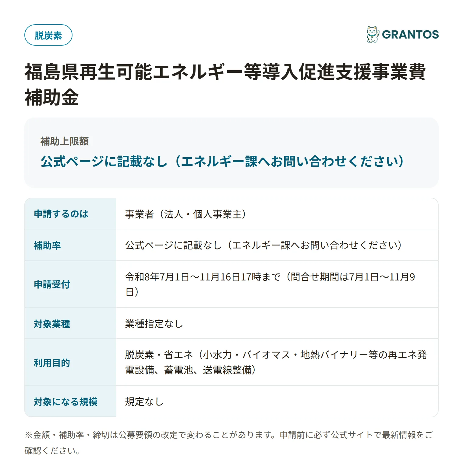福島県再生可能エネルギー等導入促進支援事業費補助金(地域活用型再生可能エネルギー導入支援事業)の対象・金額・締切の概要