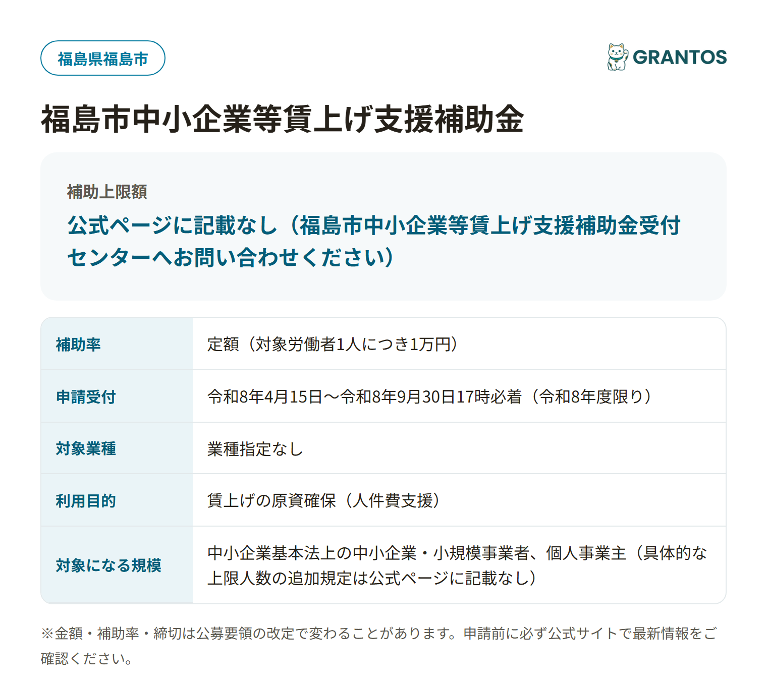 福島市中小企業等賃上げ支援補助金の対象・金額・締切の概要
