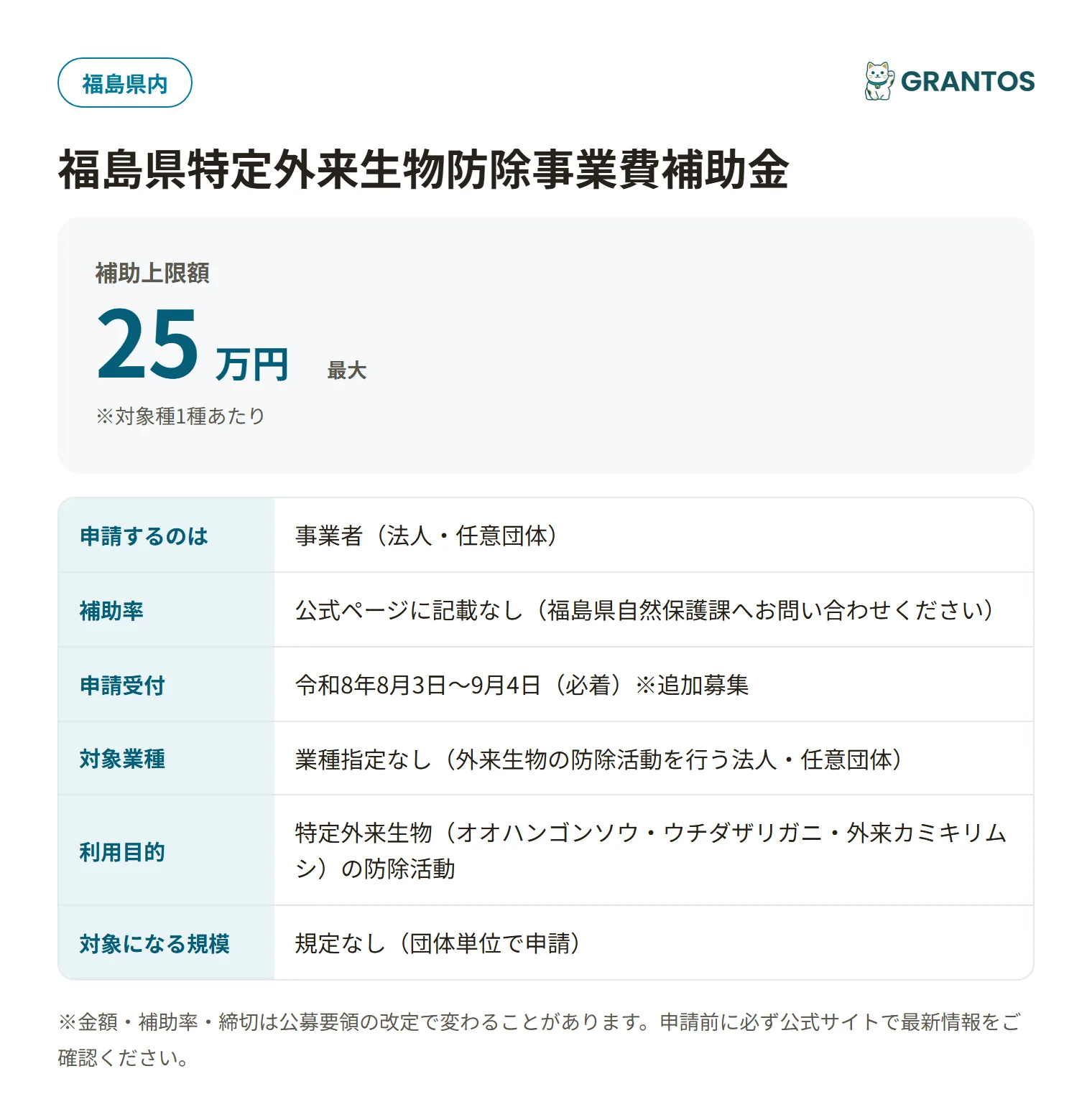 福島県特定外来生物防除事業費補助金の対象・金額・締切の概要