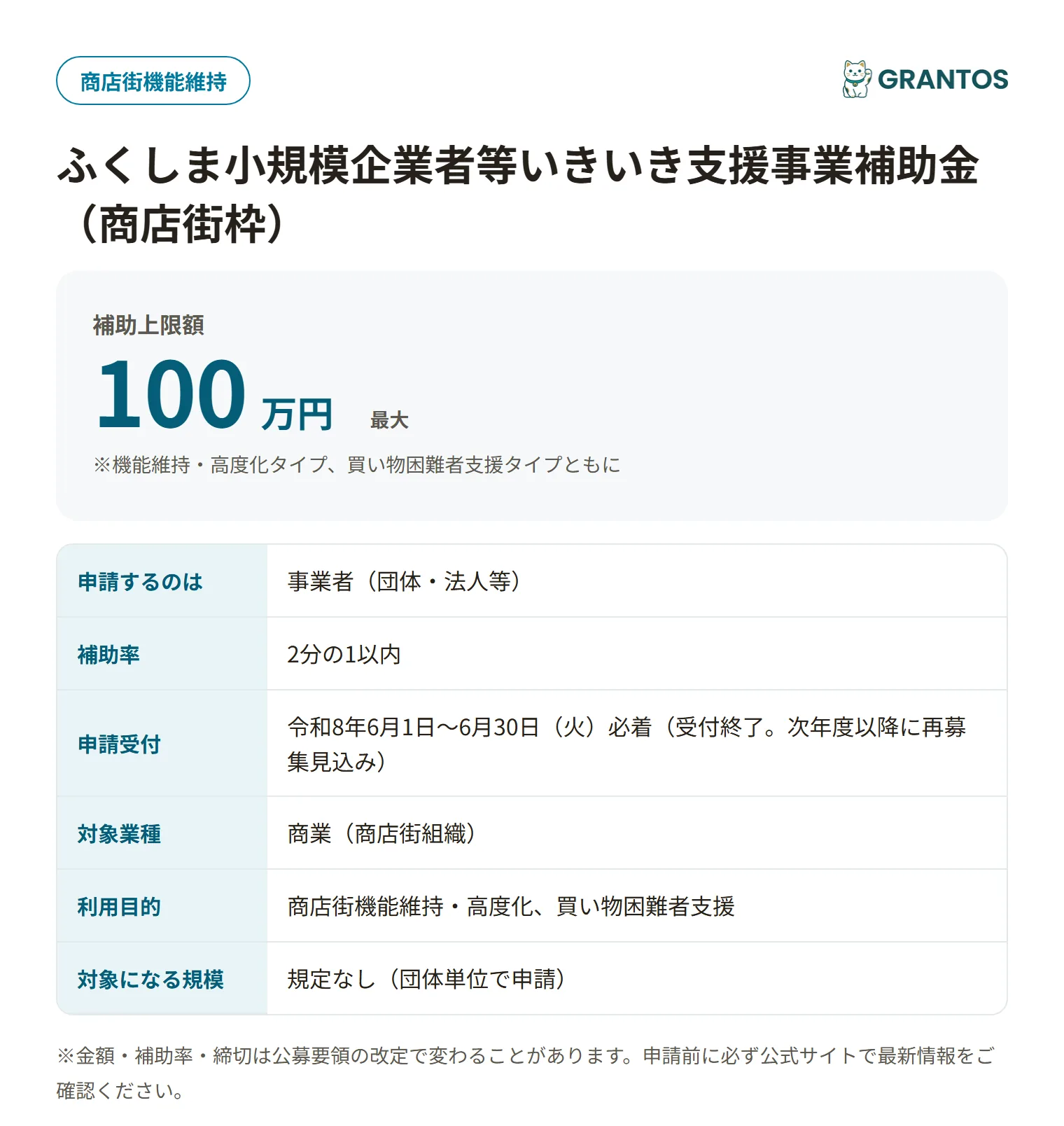 いきいき支援事業補助金(商店街枠)の対象・金額・締切の概要