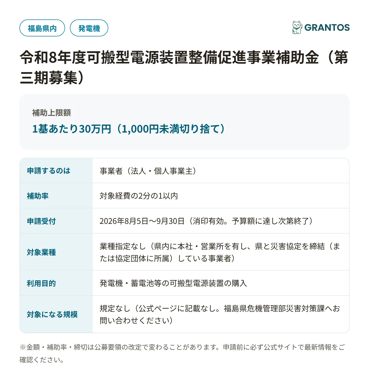 福島県可搬型電源装置整備促進事業補助金の対象・金額・締切の概要