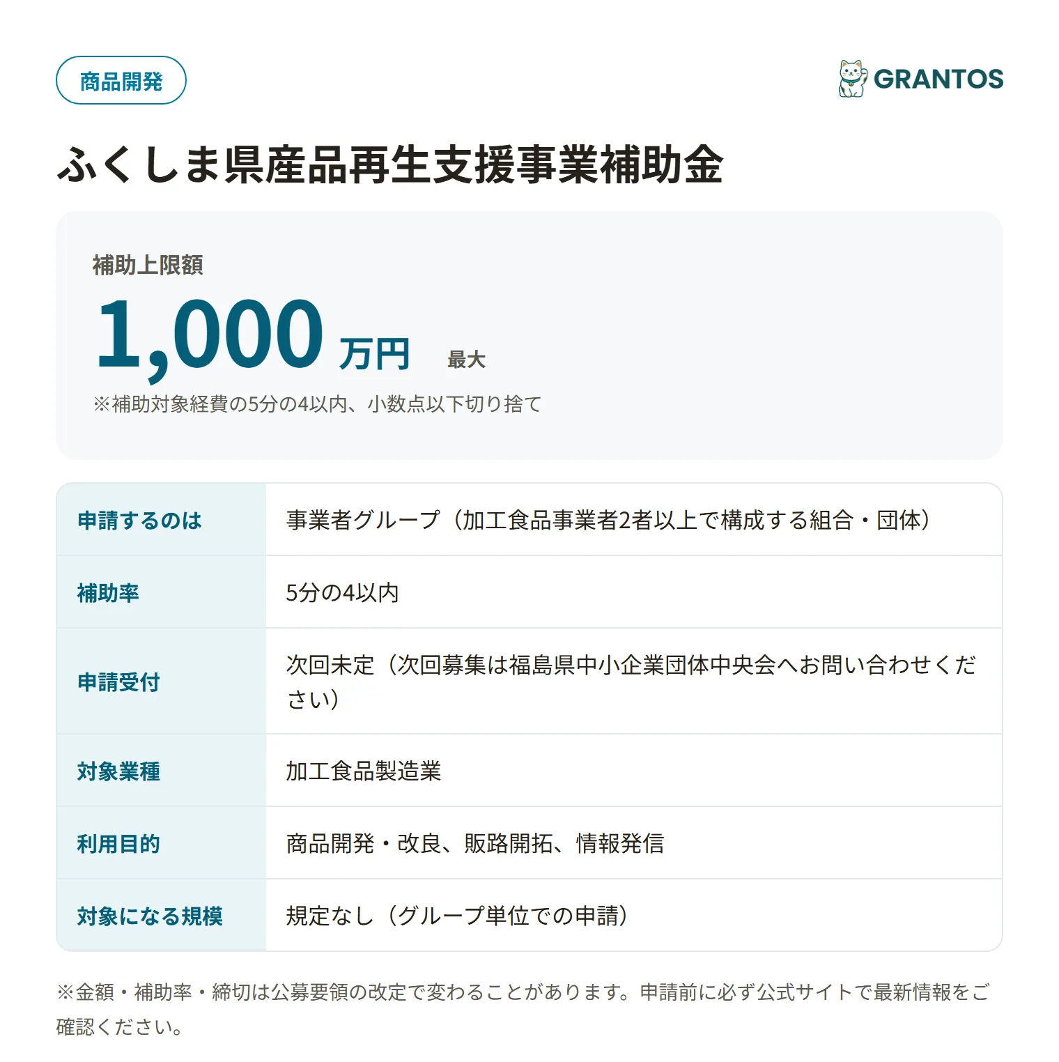 加工食品グループ緊急支援補助金の対象・金額・締切の概要
