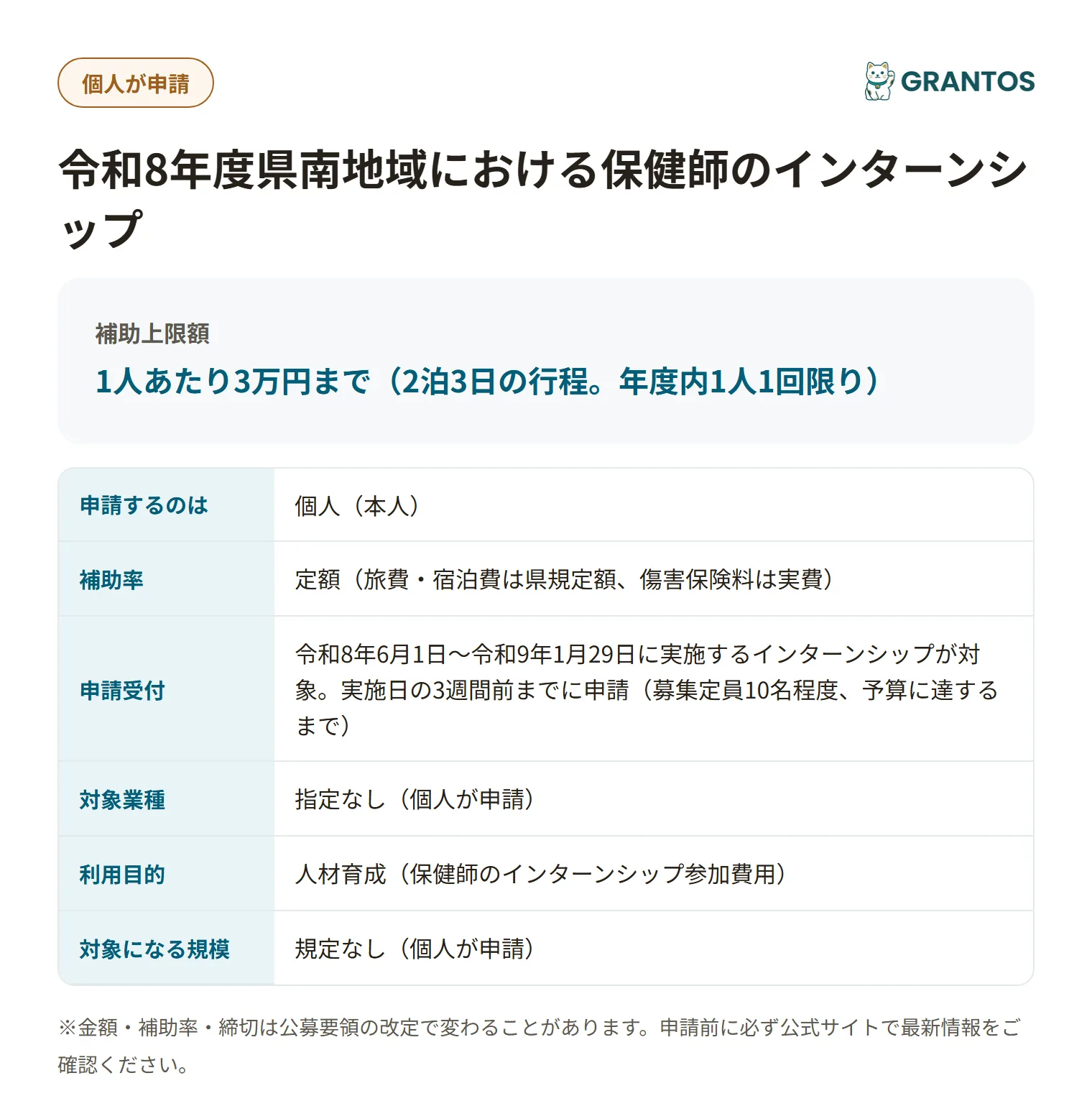 令和8年度県南地域における保健師のインターンシップ（職場体験）支援事業の対象・金額・締切の概要