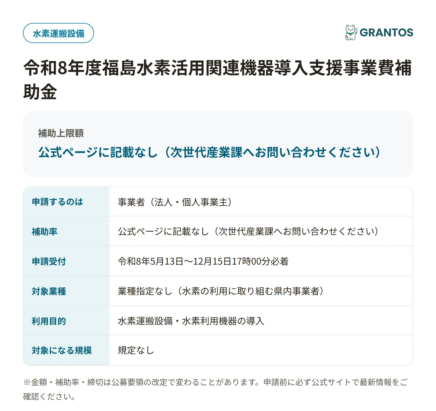 水素活用関連機器導入支援補助金の対象・金額・締切の概要