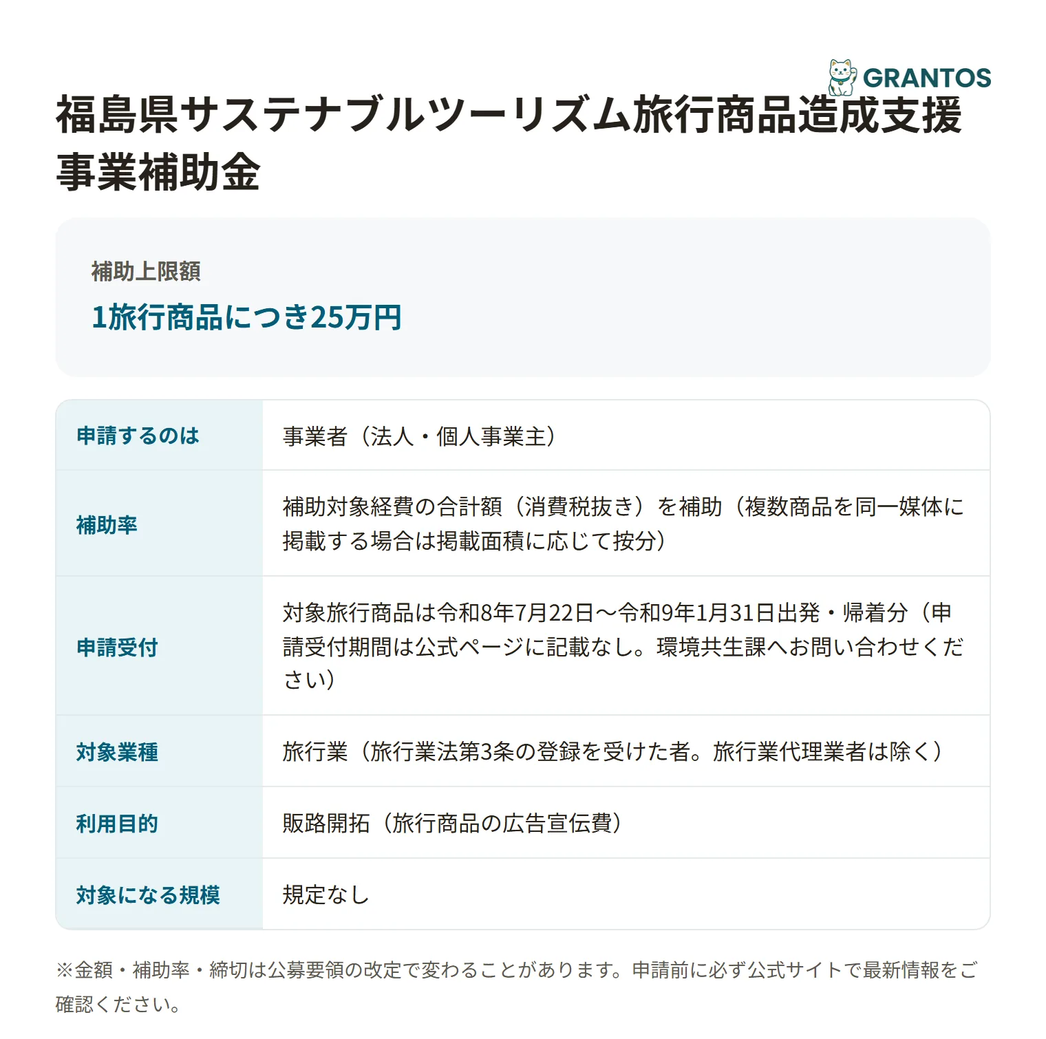 福島県サステナブルツーリズム旅行商品造成支援事業補助金の対象・金額・締切の概要