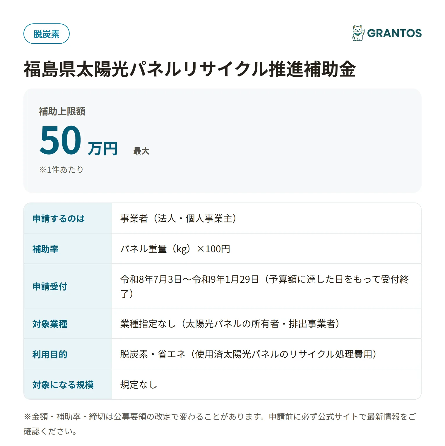 福島県太陽光パネルリサイクル推進補助金の対象・金額・締切の概要