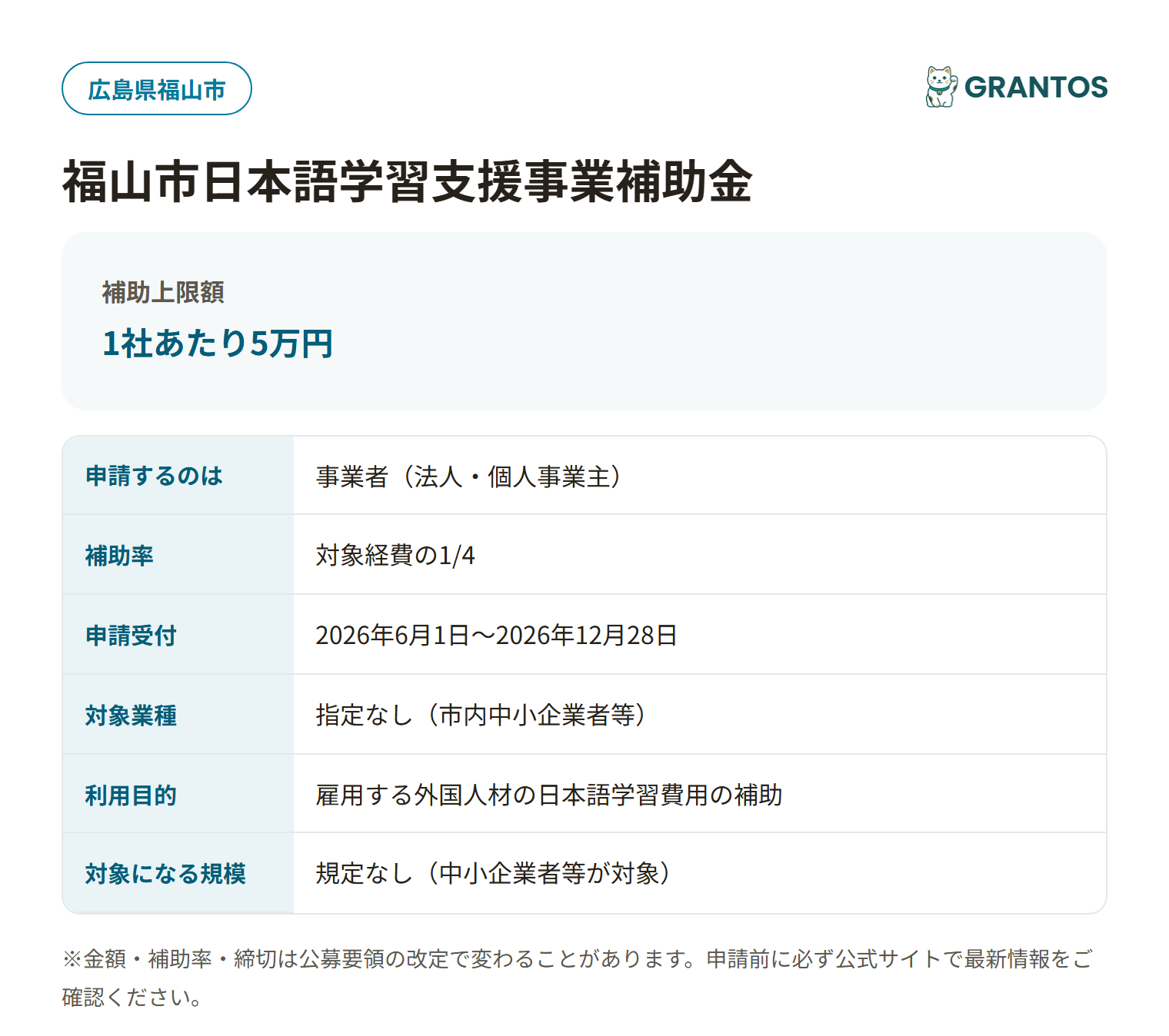 福山市日本語学習支援事業補助金の対象・金額・締切の概要