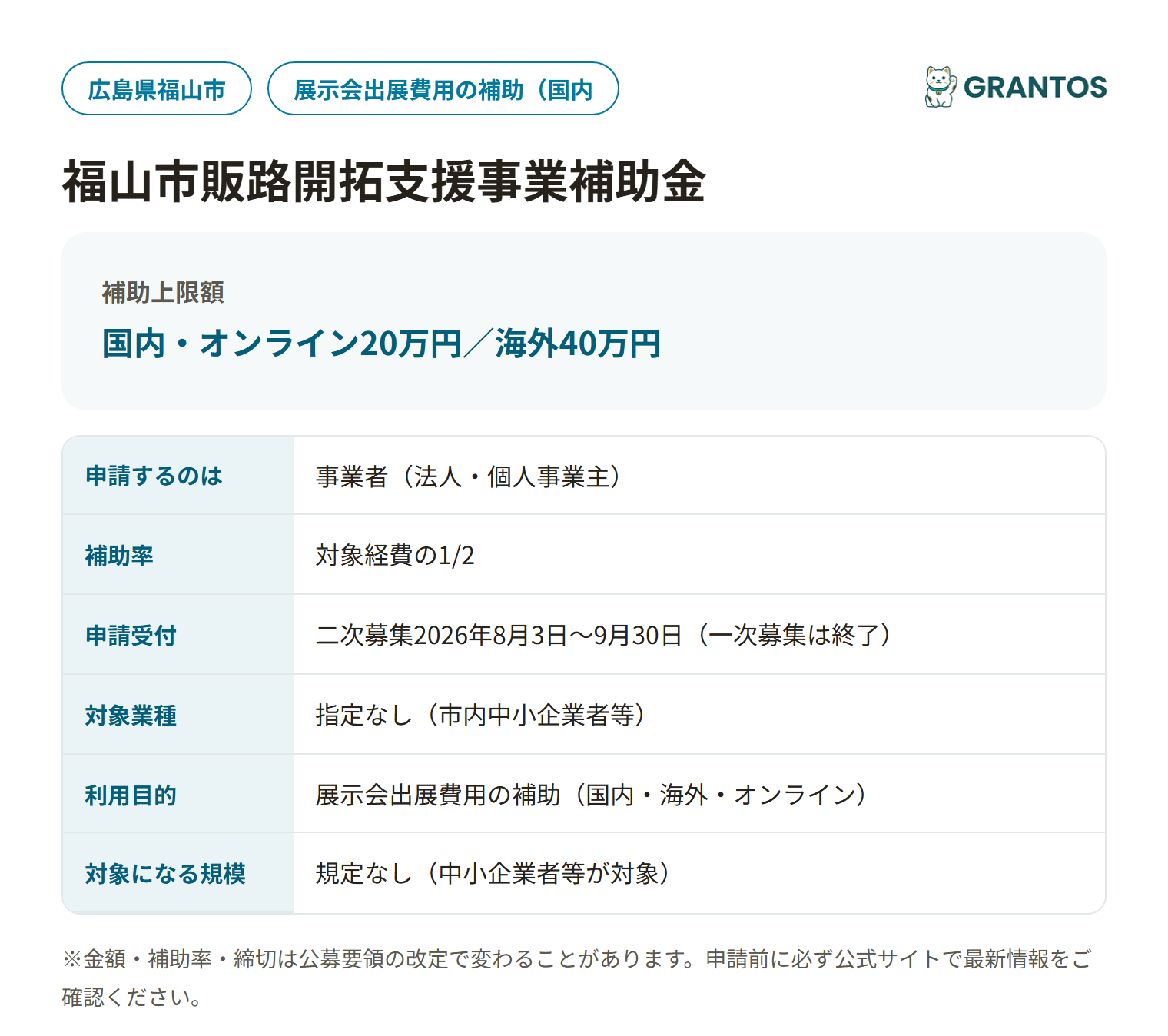 福山市販路開拓支援事業補助金の対象・金額・締切の概要