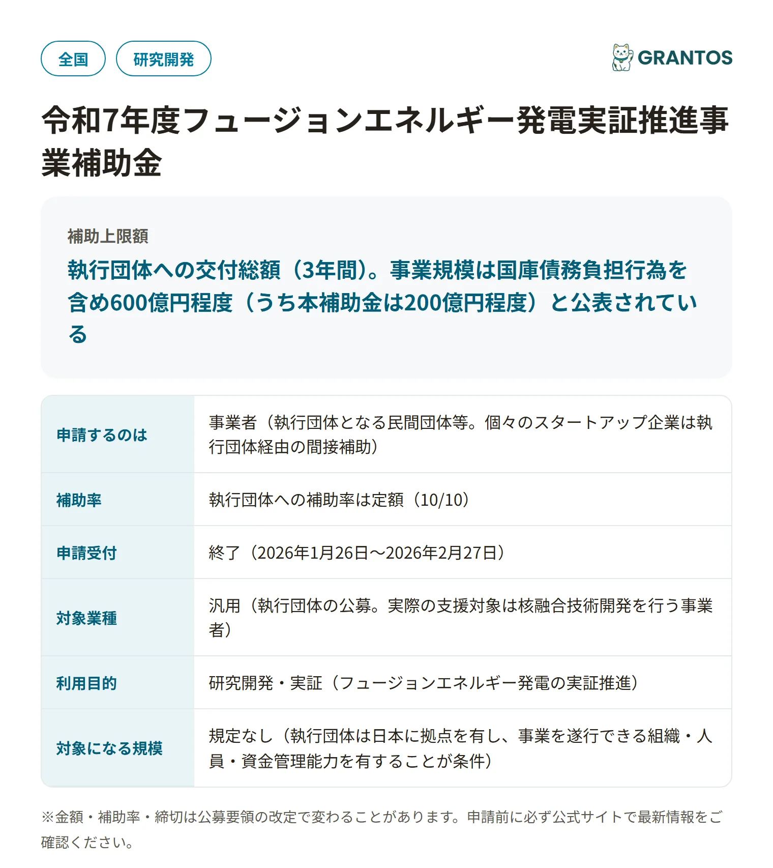 フュージョンエネルギー発電実証推進事業補助金の対象・金額・締切の概要