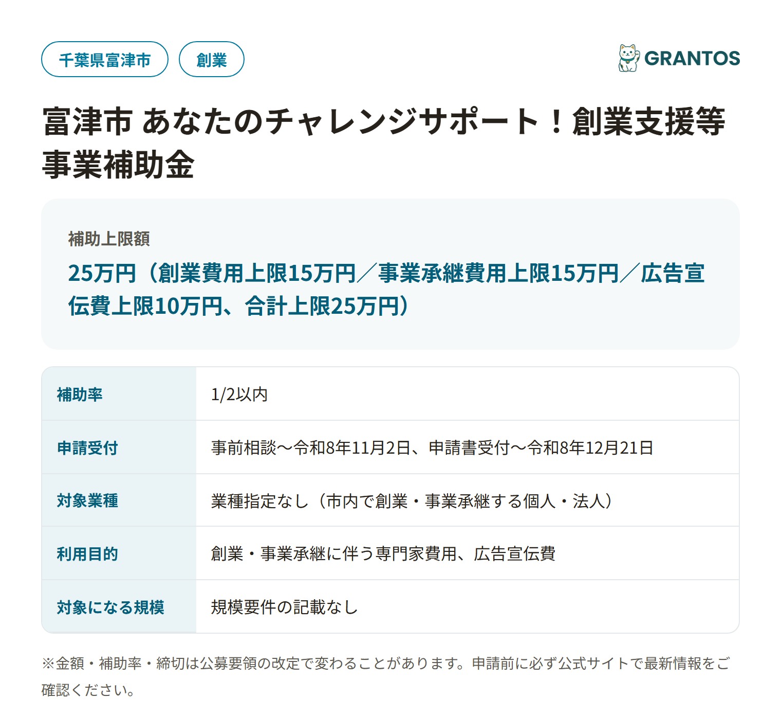 富津市 創業支援等事業補助金の対象・金額・締切の概要