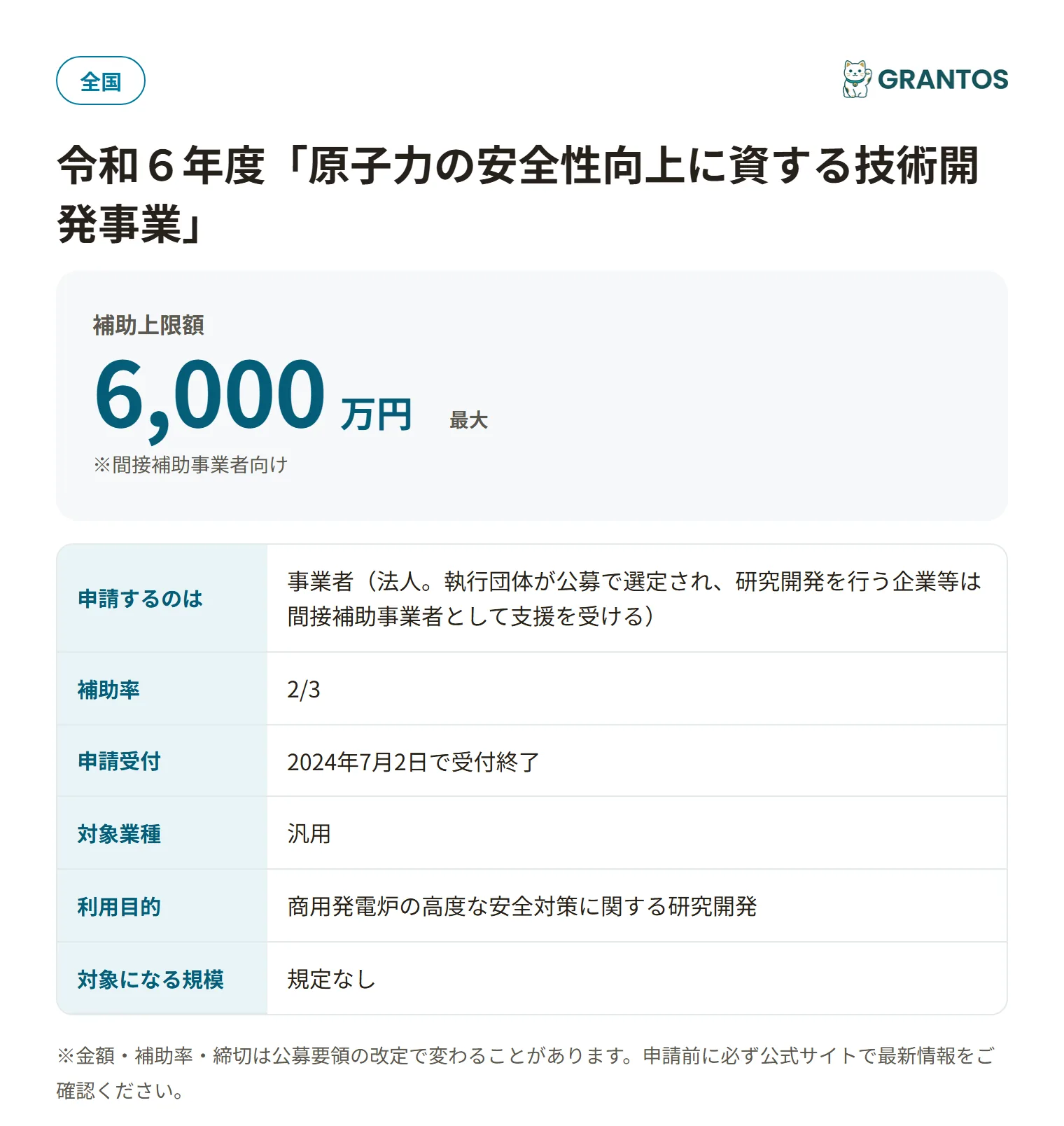 原子力の安全性向上に資する技術開発事業の対象・金額・締切の概要