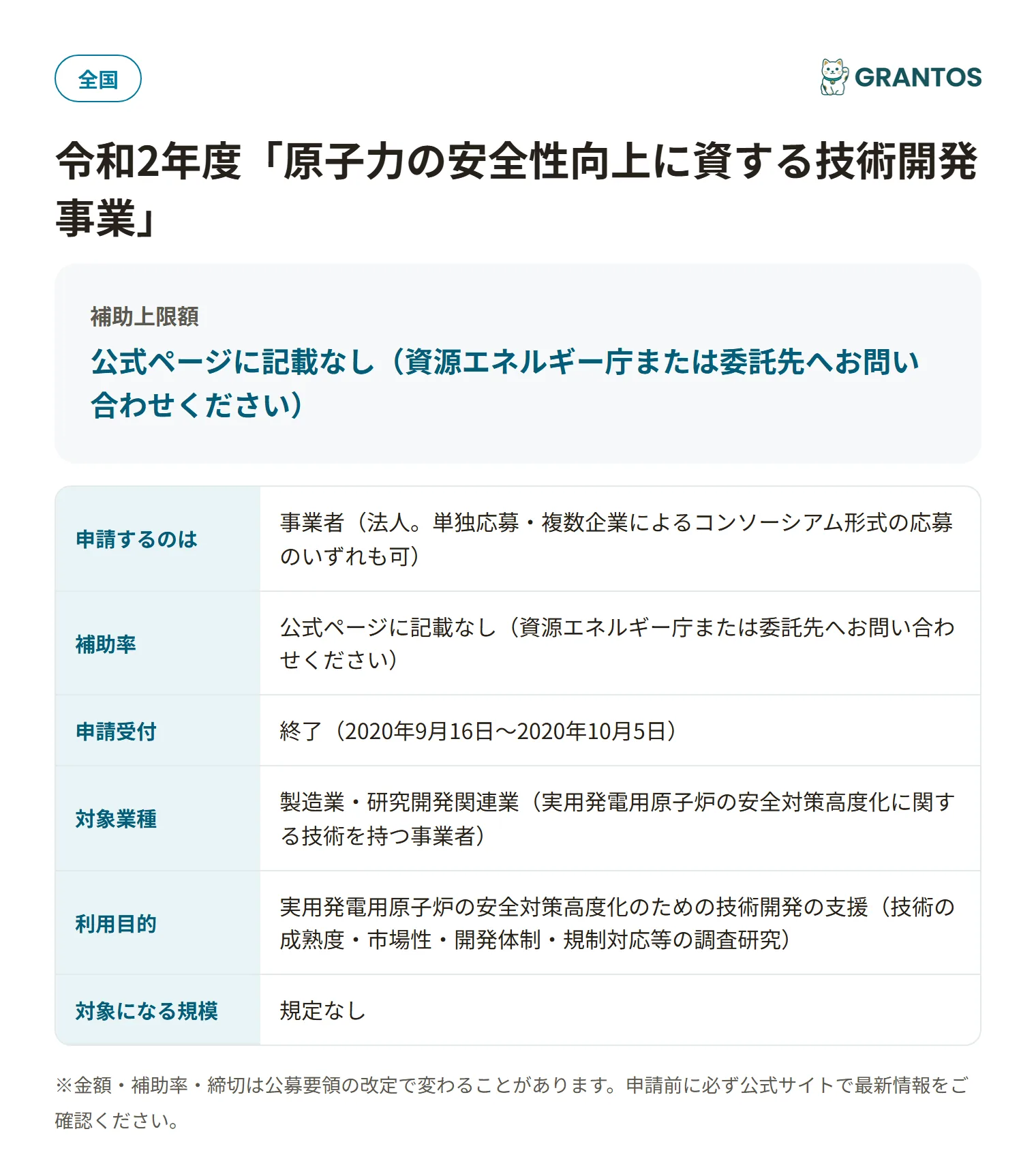 原子力の安全性向上に資する技術開発事業の対象・金額・締切の概要