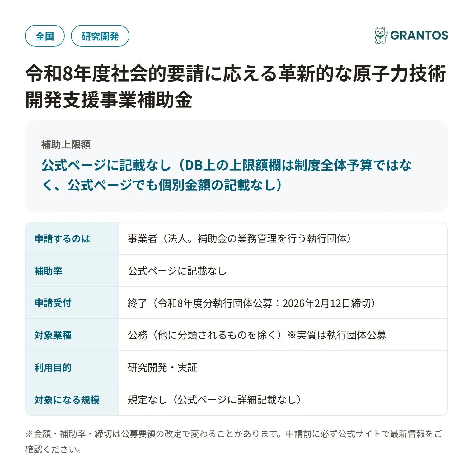 社会的要請に応える革新的な原子力技術開発支援事業補助金の対象・金額・締切の概要