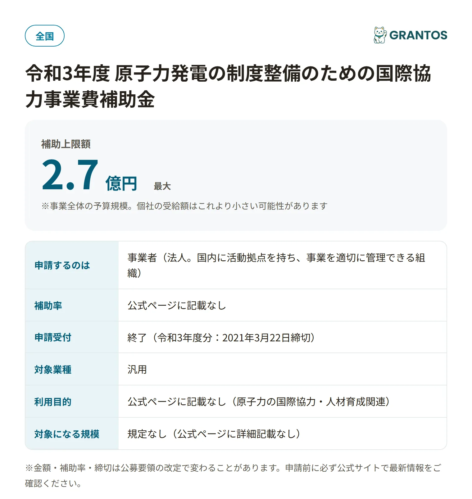 原子力発電の制度整備のための国際協力事業費補助金の対象・金額・締切の概要