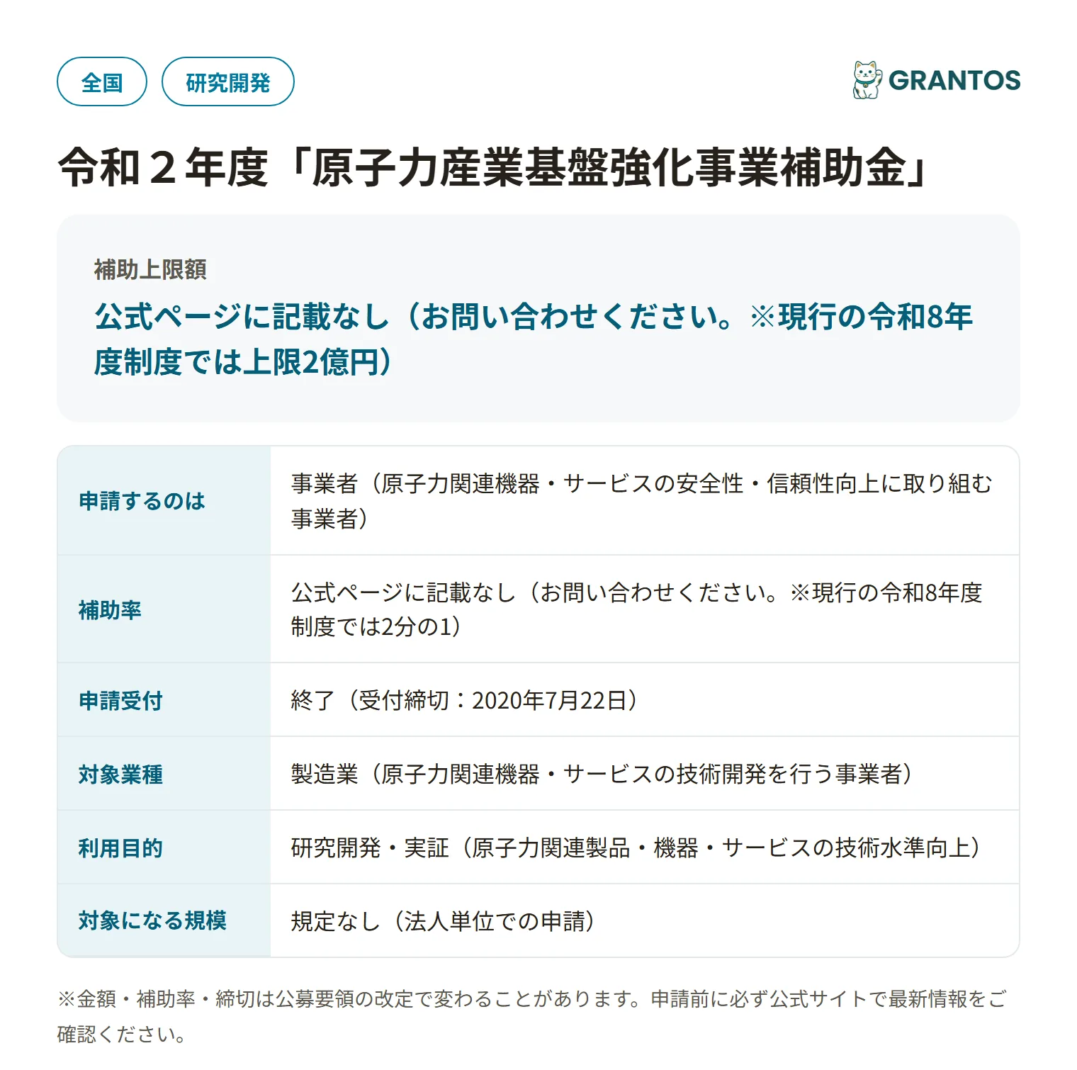 原子力産業基盤強化事業補助金（令和2年度）の対象・金額・締切の概要