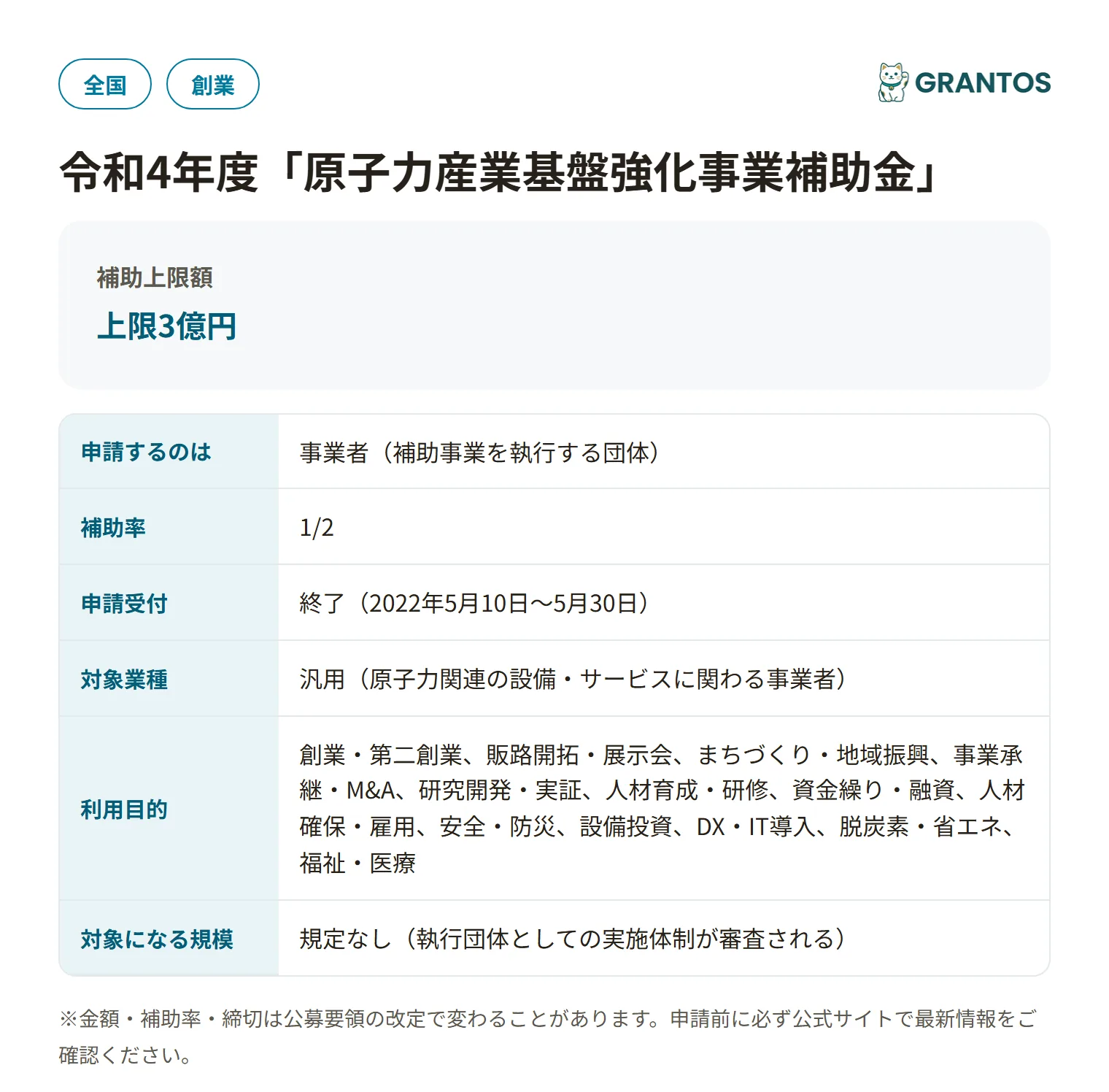 原子力産業基盤強化事業補助金の対象・金額・締切の概要