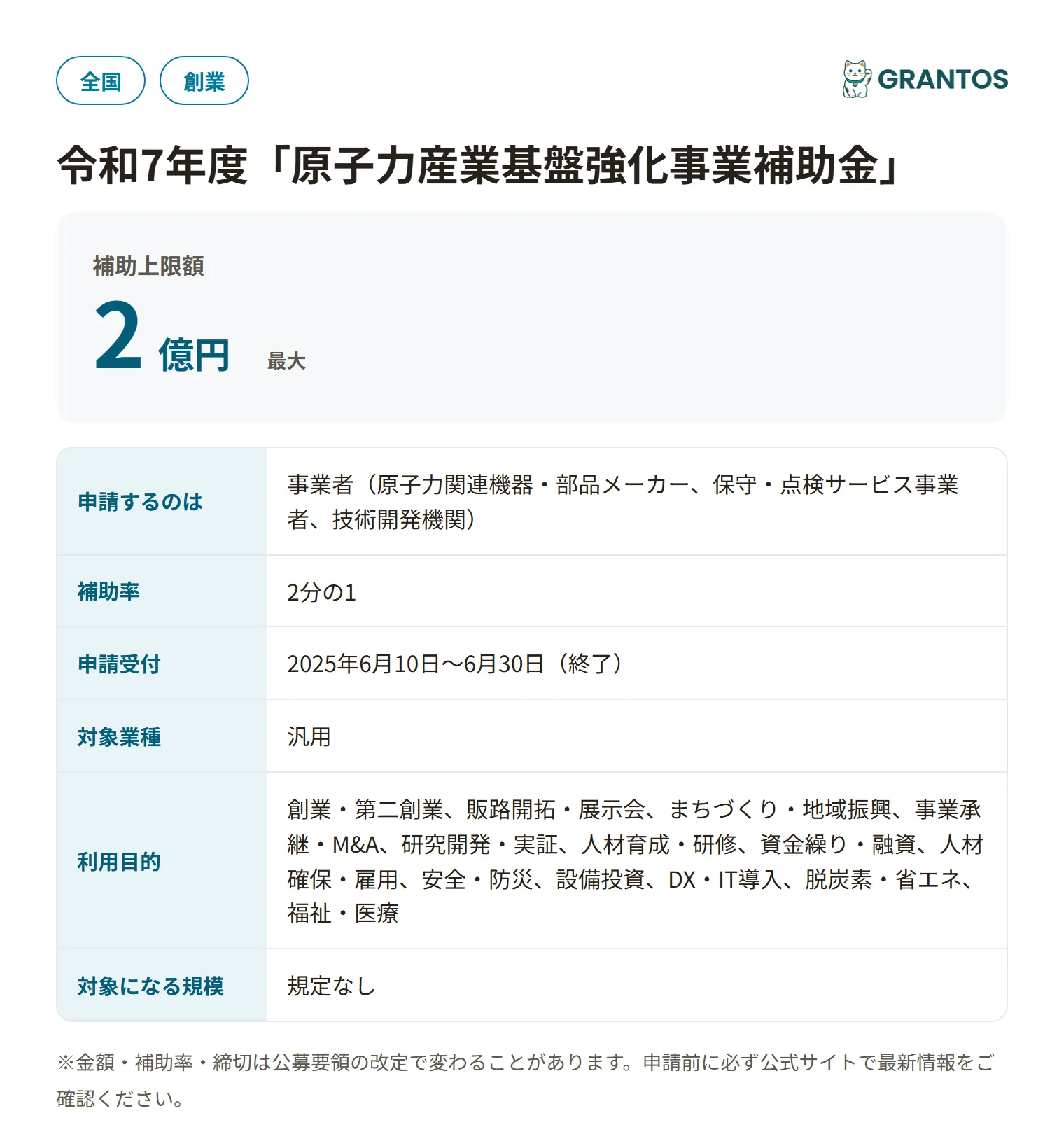 原子力産業基盤強化事業補助金（令和7年度）の対象・金額・締切の概要