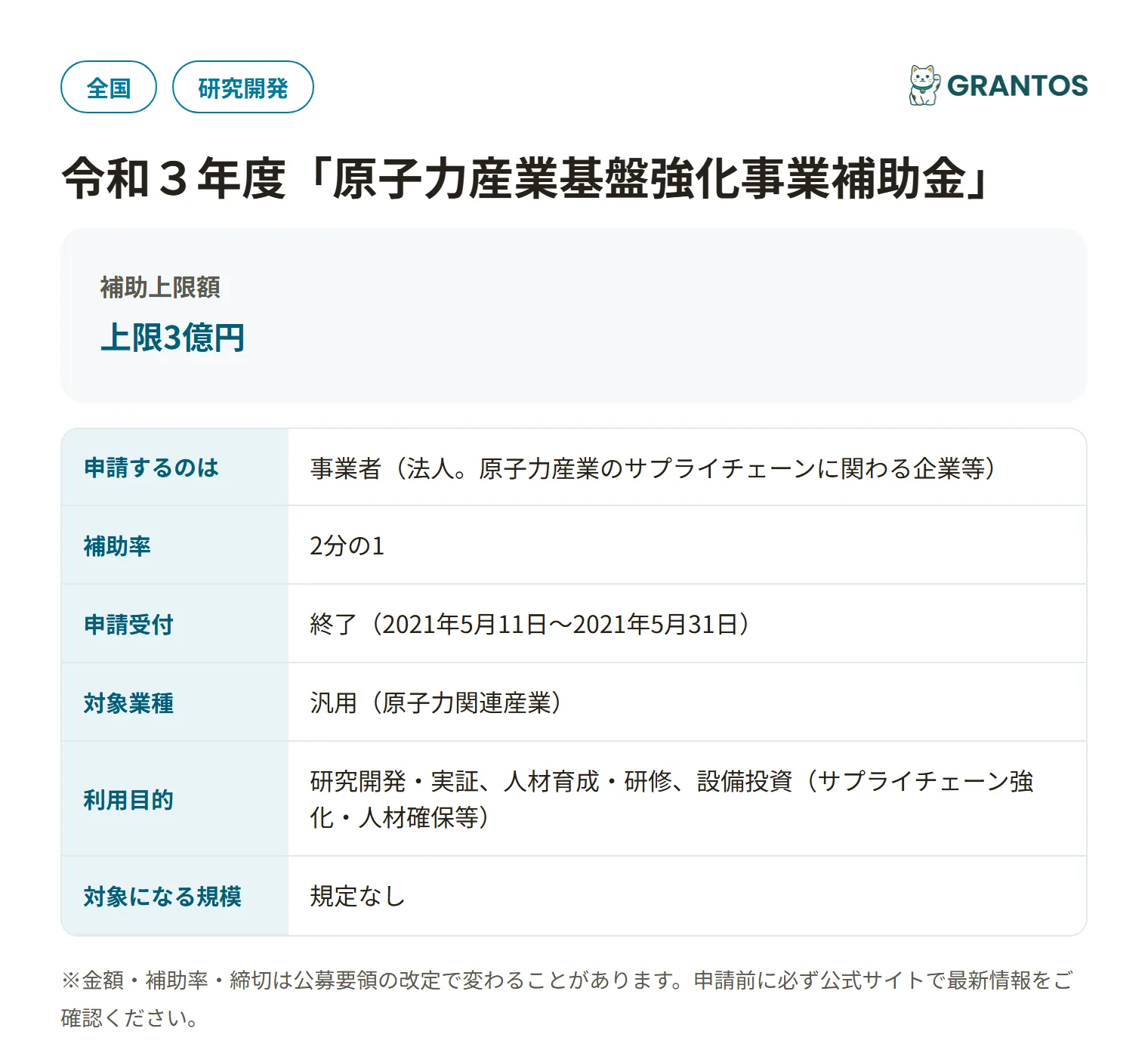 原子力産業基盤強化事業補助金の対象・金額・締切の概要