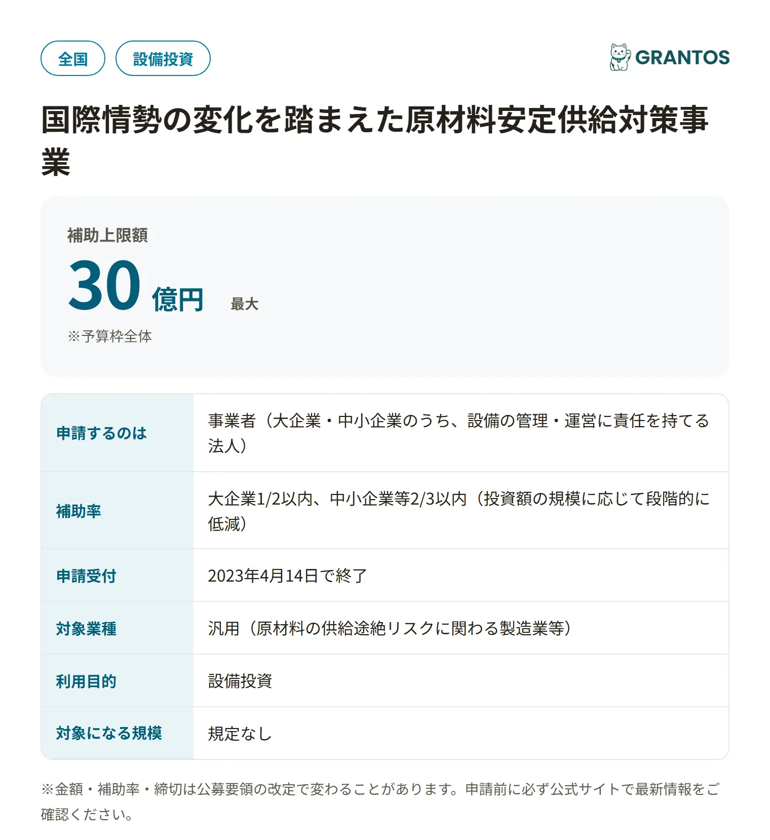 サプライチェーン対策のための国内投資促進事業費補助金（原材料安定供給対策事業）の対象・金額・締切の概要