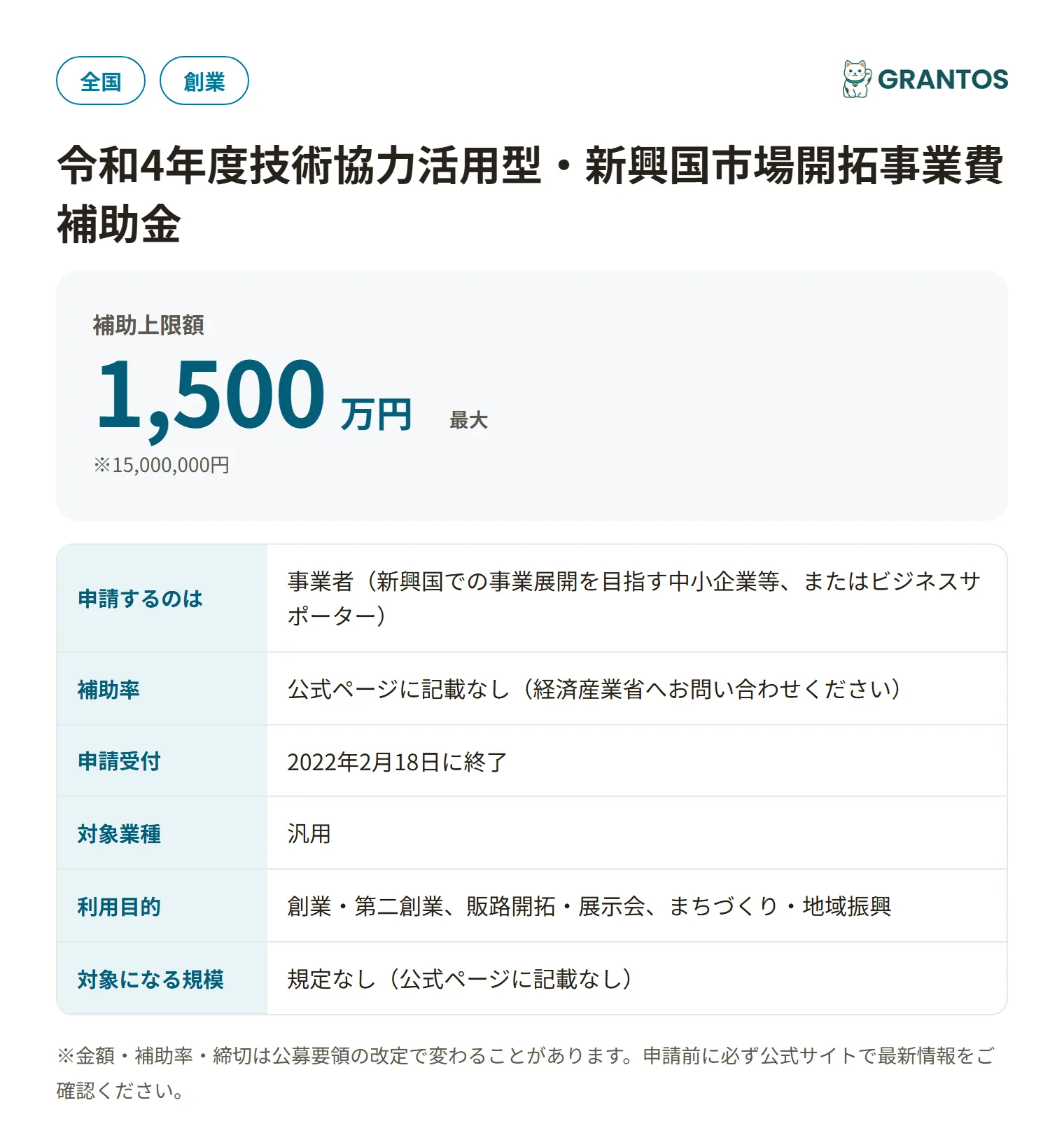 技術協力活用型・新興国市場開拓事業費補助金の対象・金額・締切の概要