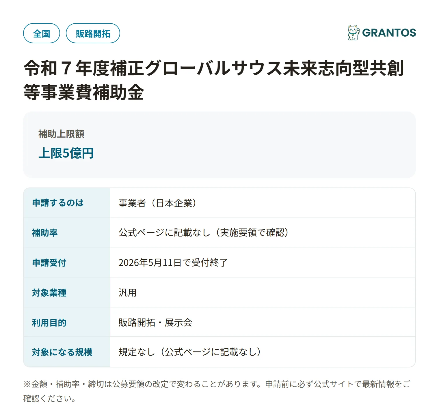 グローバルサウス未来志向型共創等事業費補助金（小規模実証・ＦＳ事業）の対象・金額・締切の概要
