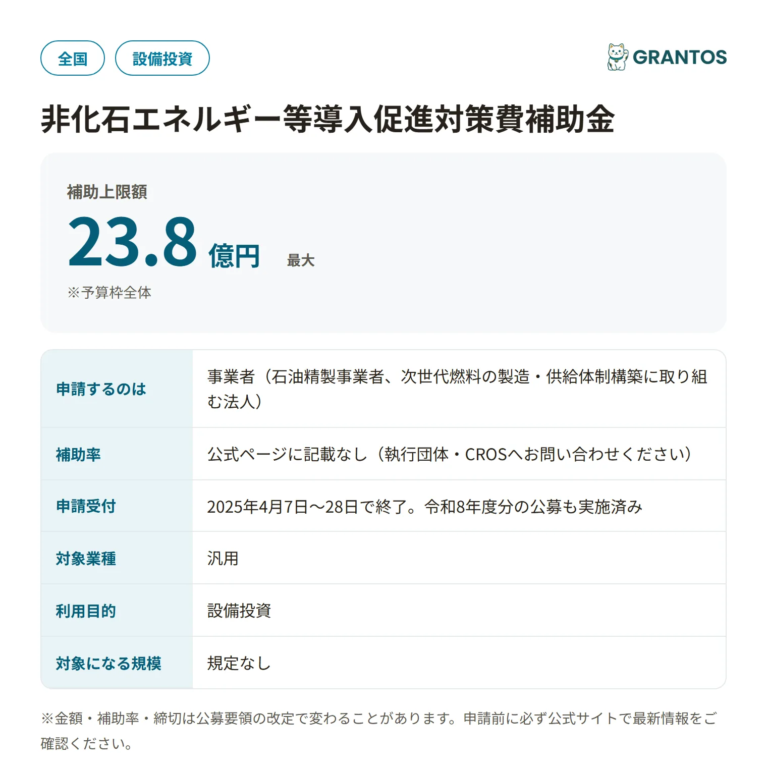非化石エネルギー等導入促進対策費補助金（合成燃料e-fuel等導入促進事業・令和7年度）の対象・金額・締切の概要