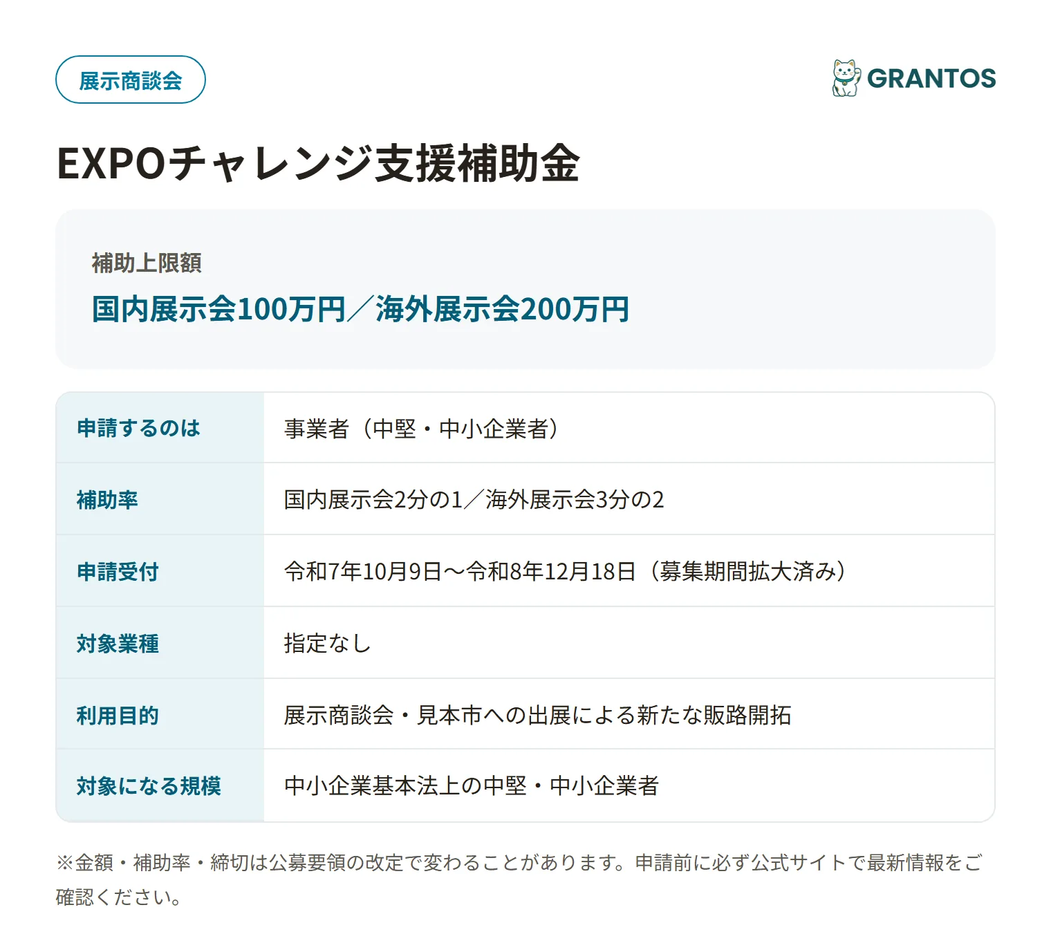 EXPOチャレンジ支援補助金の対象・金額・締切の概要