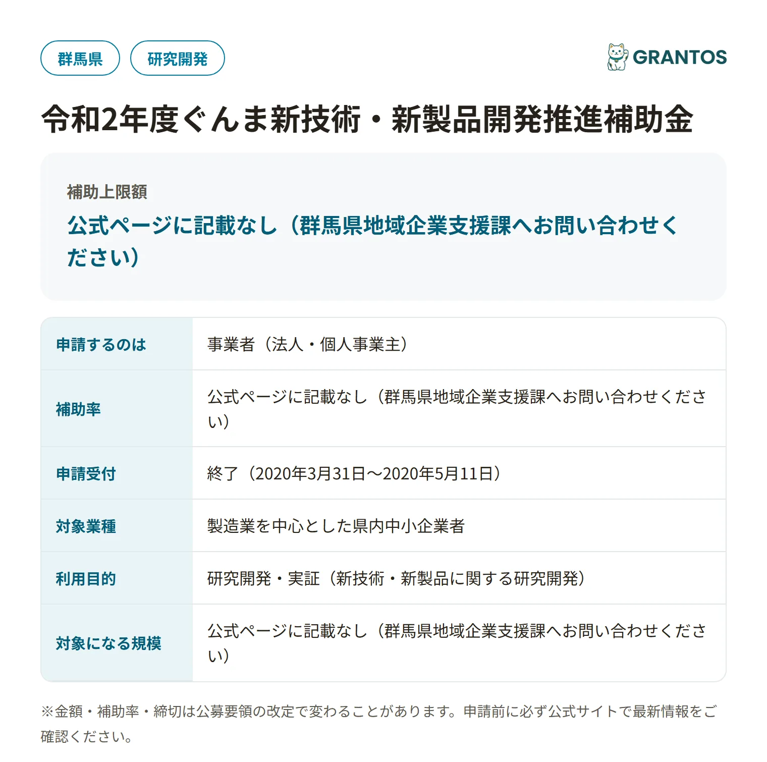 ぐんま新技術・新製品開発推進補助金（市町村・県パートナーシップ支援型）の対象・金額・締切の概要