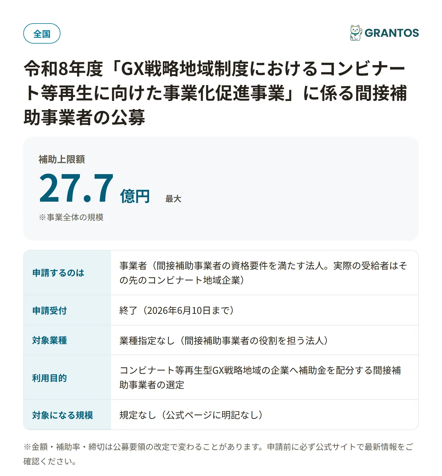 GXコンビナート間接補助事業者公募の対象・金額・締切の概要