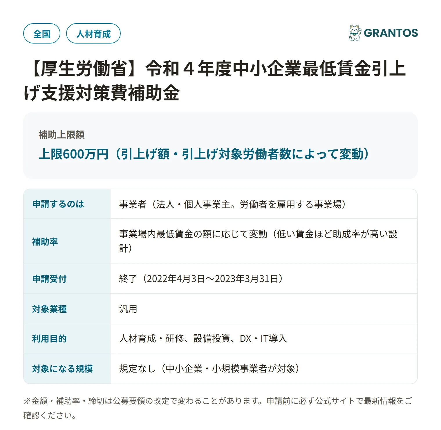 業務改善助成金（令和4年度）の対象・金額・締切の概要