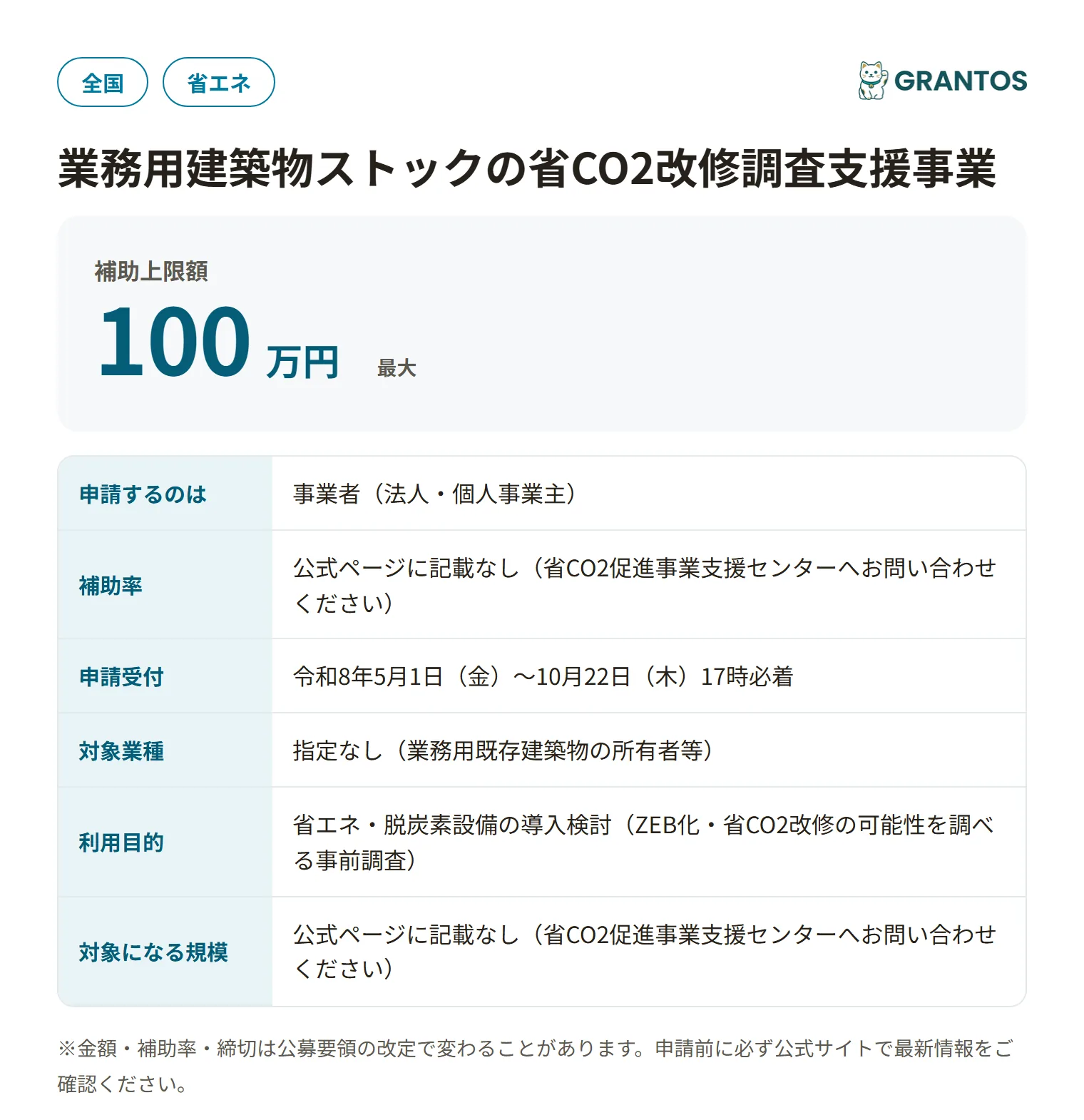 業務用建築物ストックの省CO2改修調査支援事業の対象・金額・締切の概要