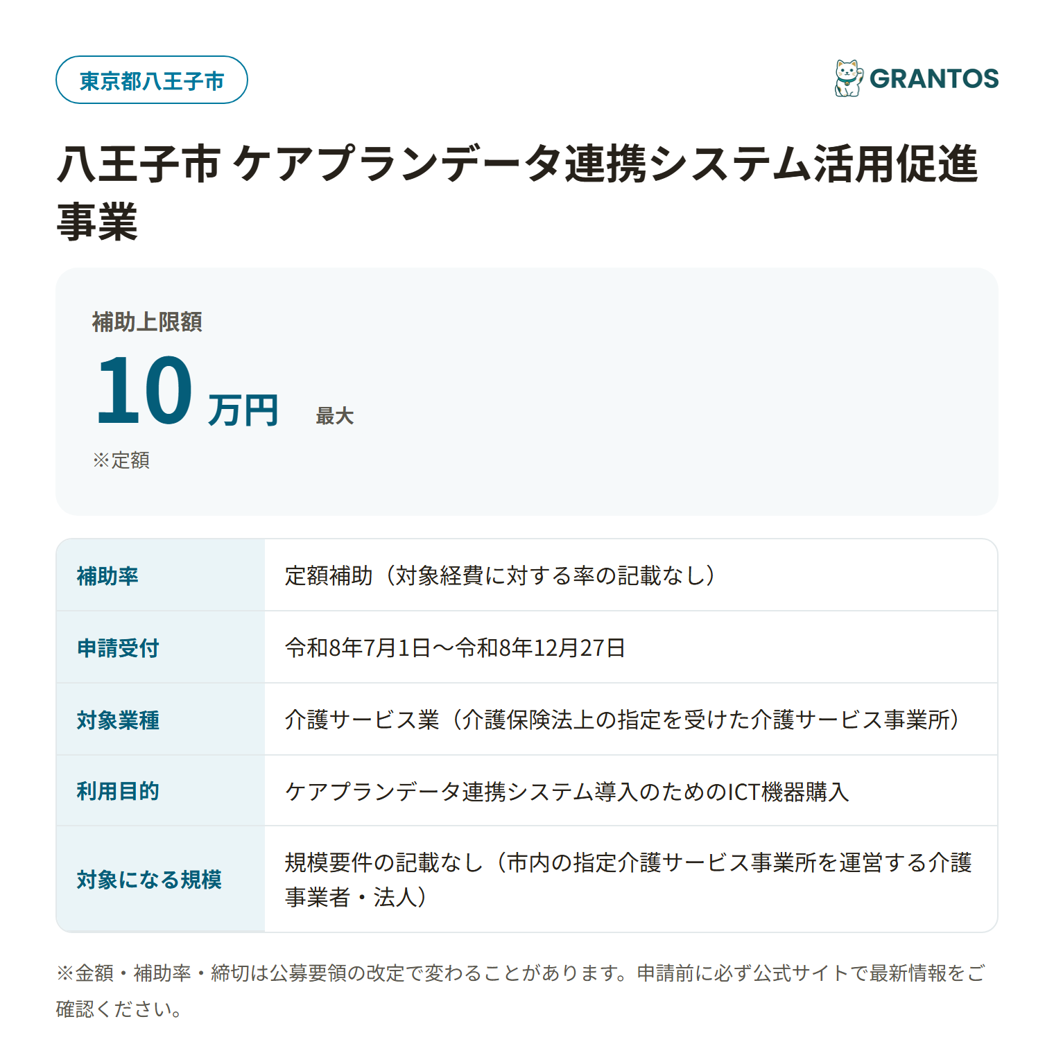 八王子市ケアプランデータ連携システム活用促進事業の対象・金額・締切の概要