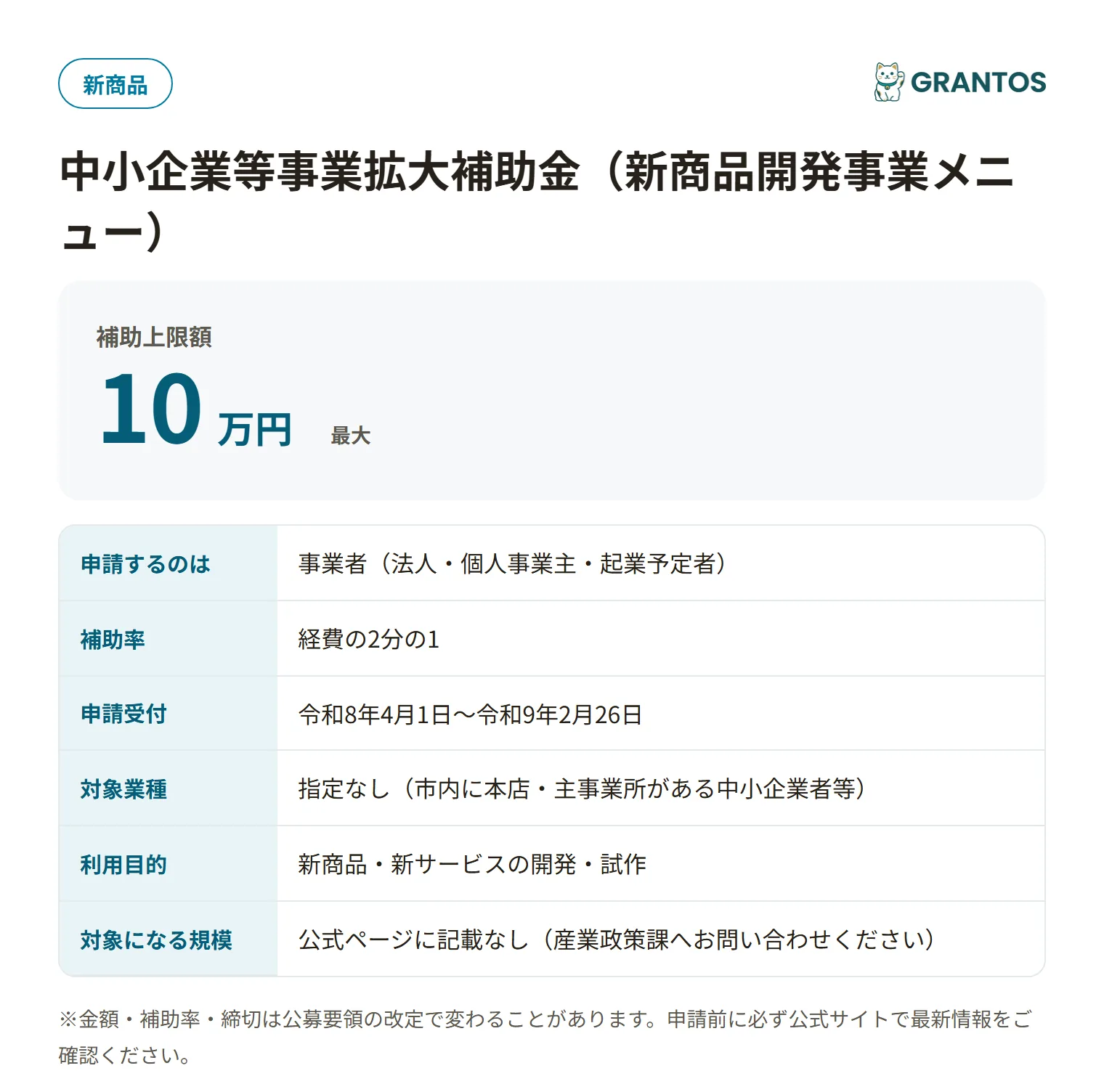 萩市中小企業等事業拡大補助金（新商品開発）の対象・金額・締切の概要