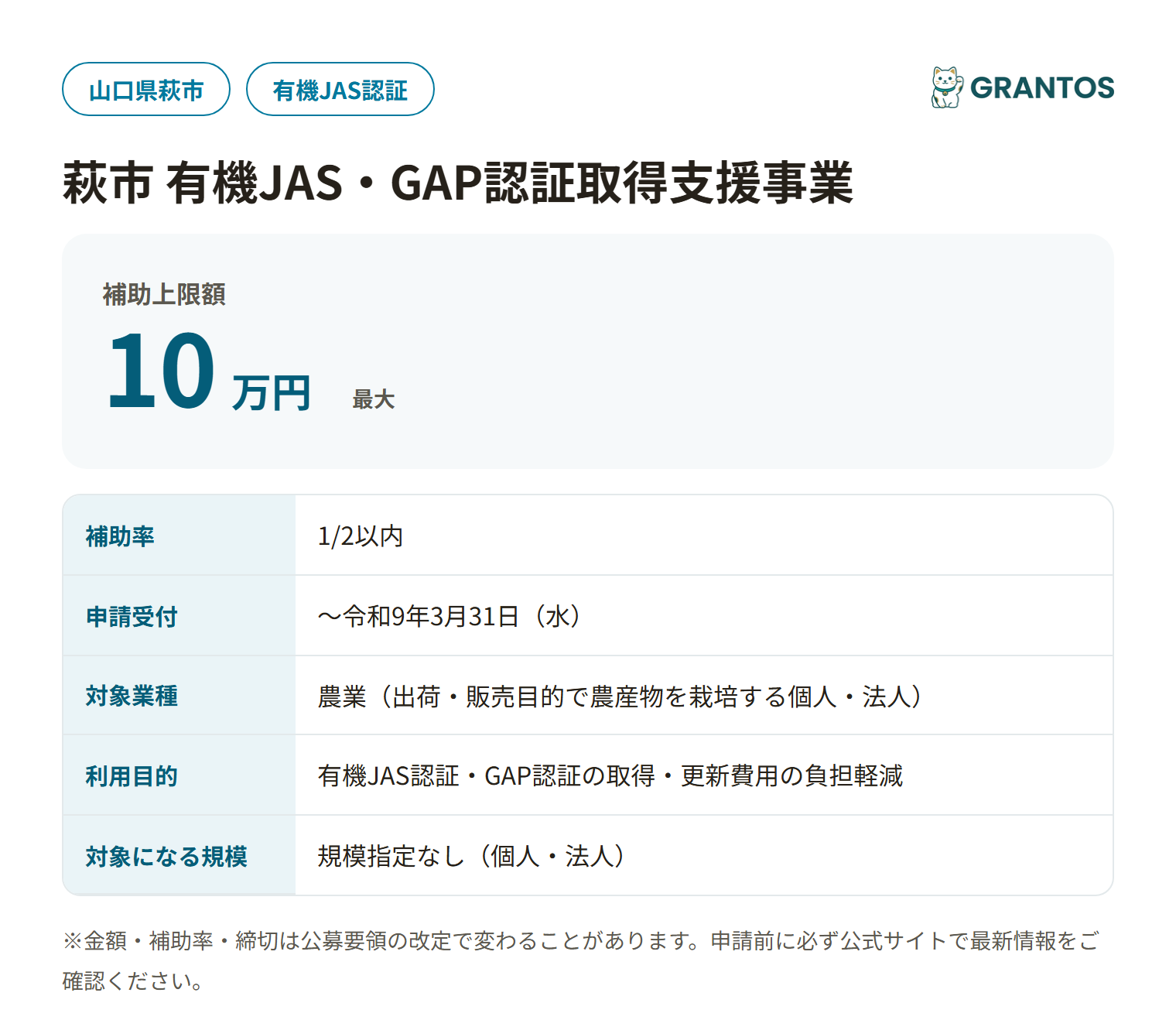 萩市有機JAS・GAP認証取得支援事業の対象・金額・締切の概要