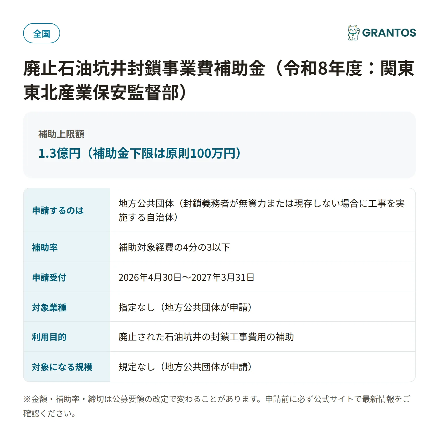 廃止石油坑井封鎖事業費補助金（関東東北）の対象・金額・締切の概要