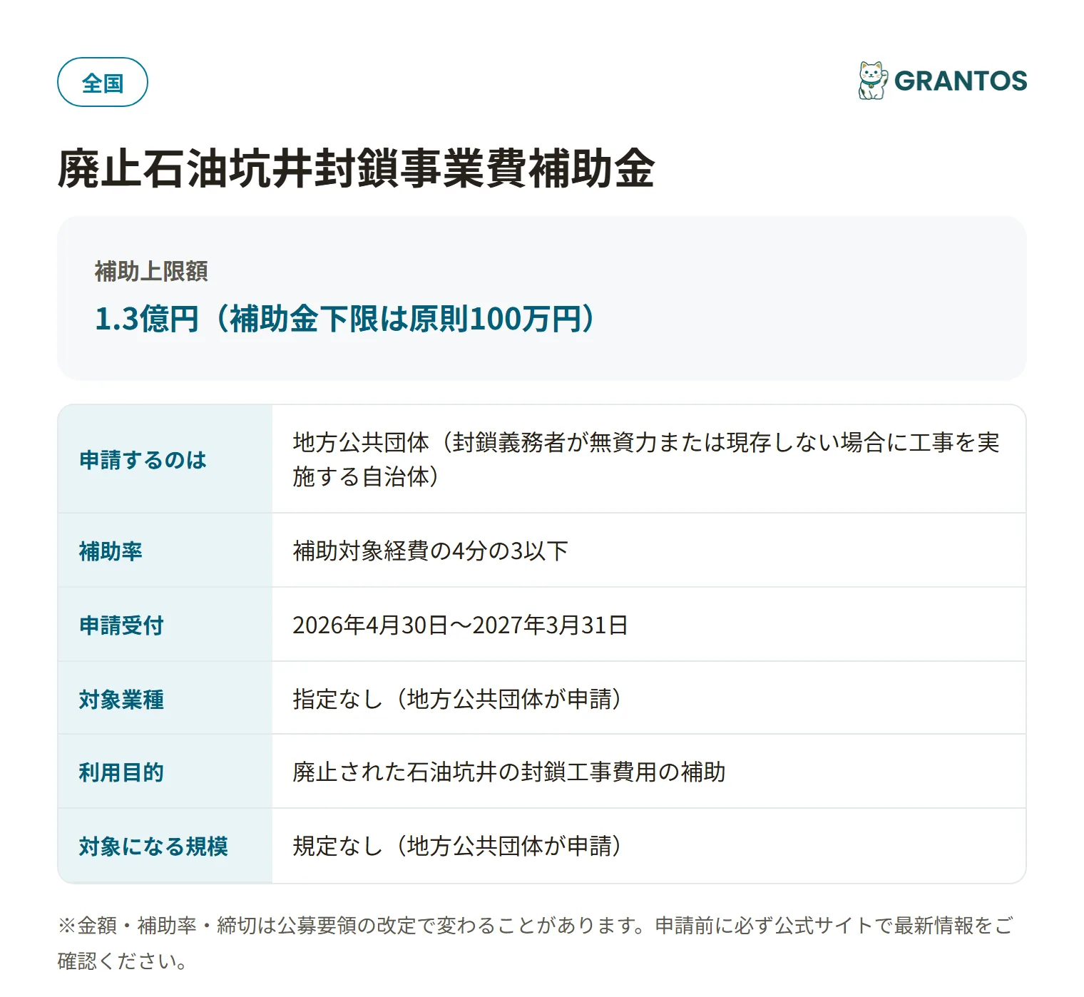 廃止石油坑井封鎖事業費補助金（東北支部）の対象・金額・締切の概要